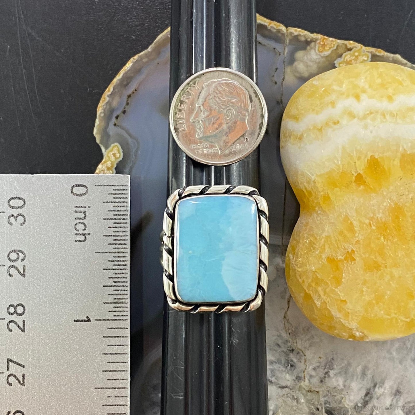 Native American Sterling Silver Larimar Rectangle Bar Ring Size 8.5 For Women