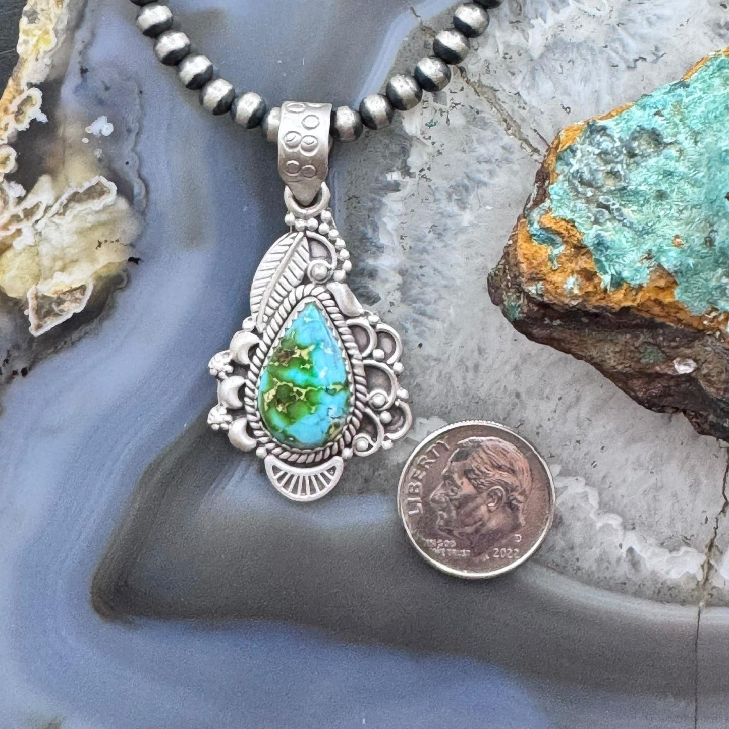Sterling Silver Southwestern Style Teardrop Sonora Gold Turquoise Decorated Pendant For Women