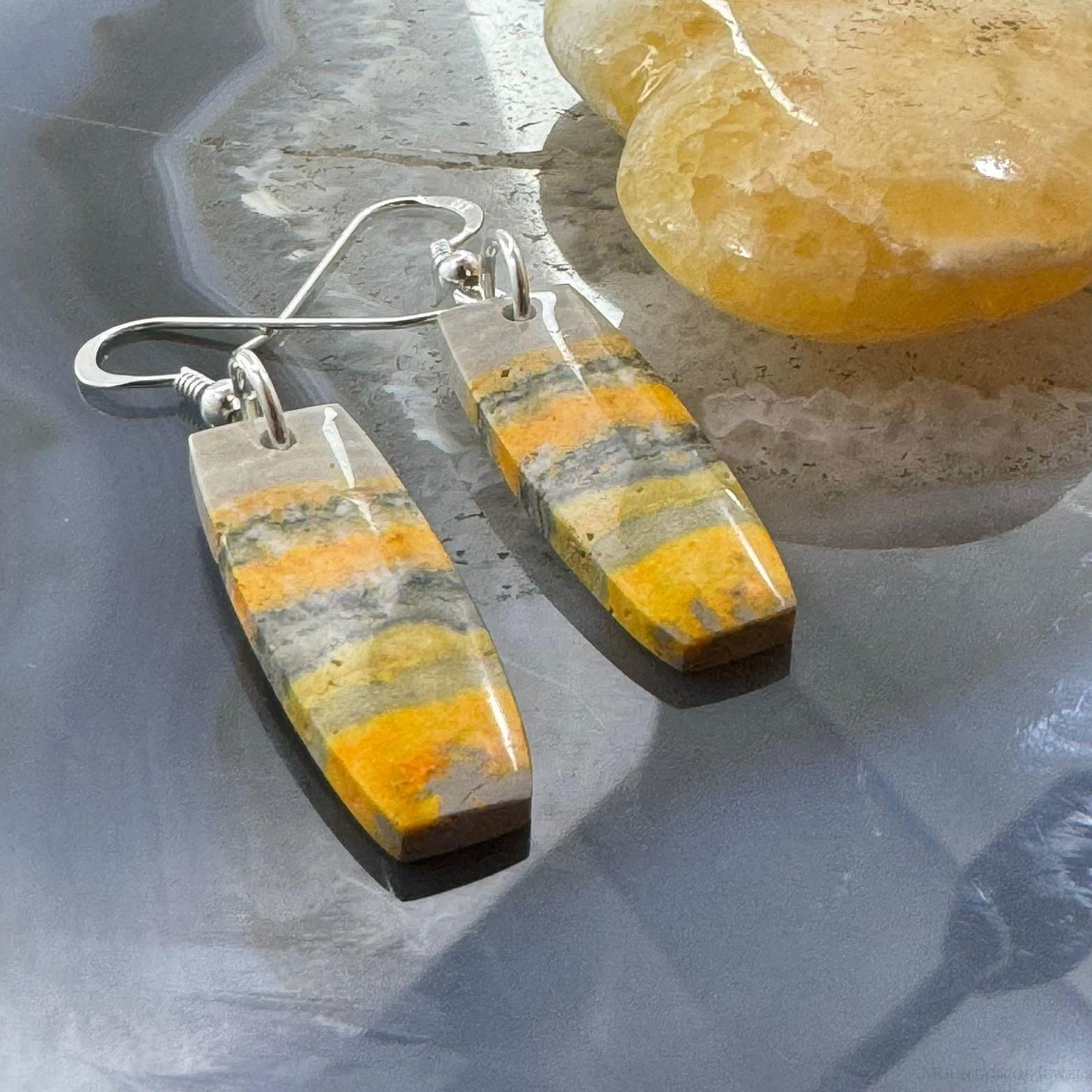 Sterling Silver Elongated Barrel Bumblebee Jasper Slab Dangle Earrings For Women #204