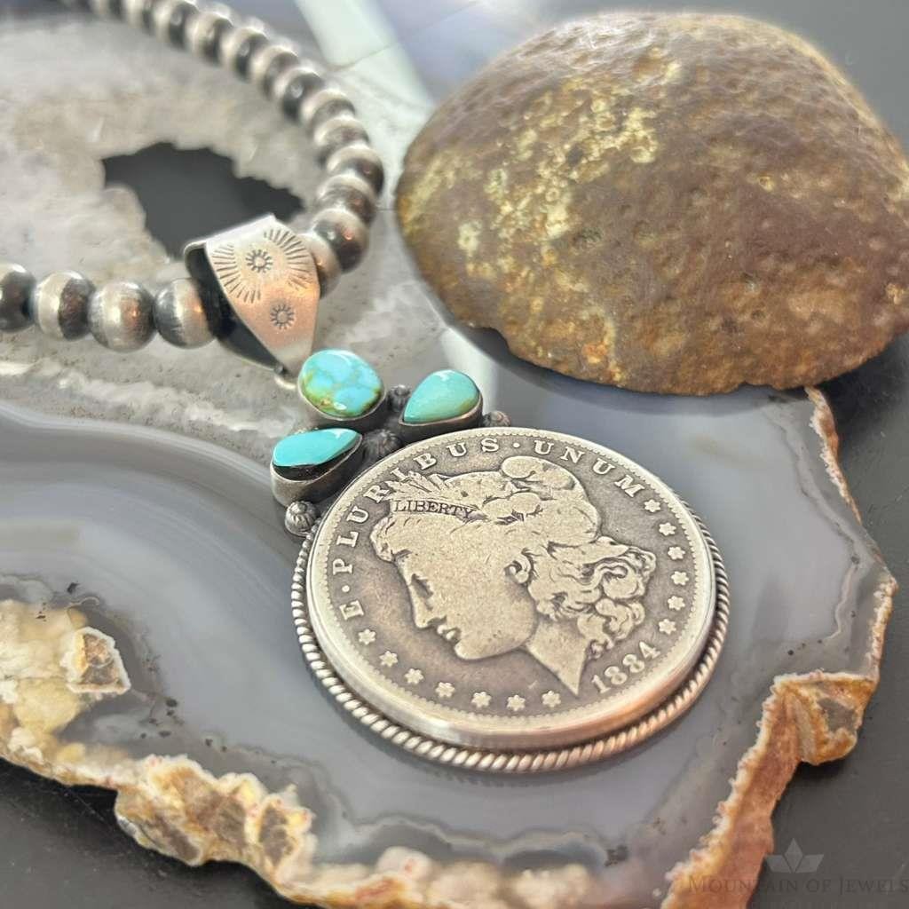 Genuine 1884 90% Morgan Silver Dollar Coin Golden Hill Turquoise Unisex Pendant
