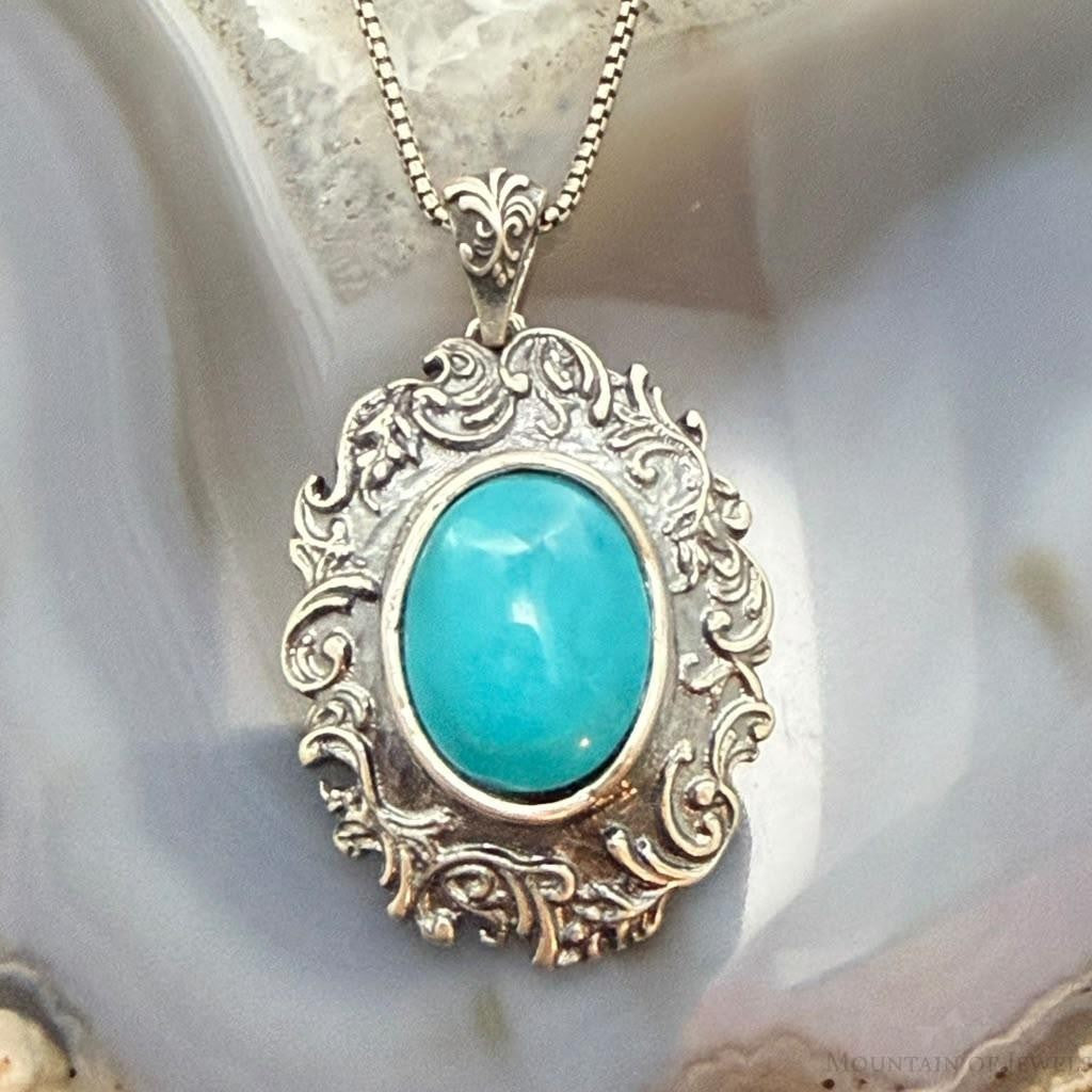 Paz Israel Sterling Silver Oval Turquoise Decorated Pendant w/Necklace For Women