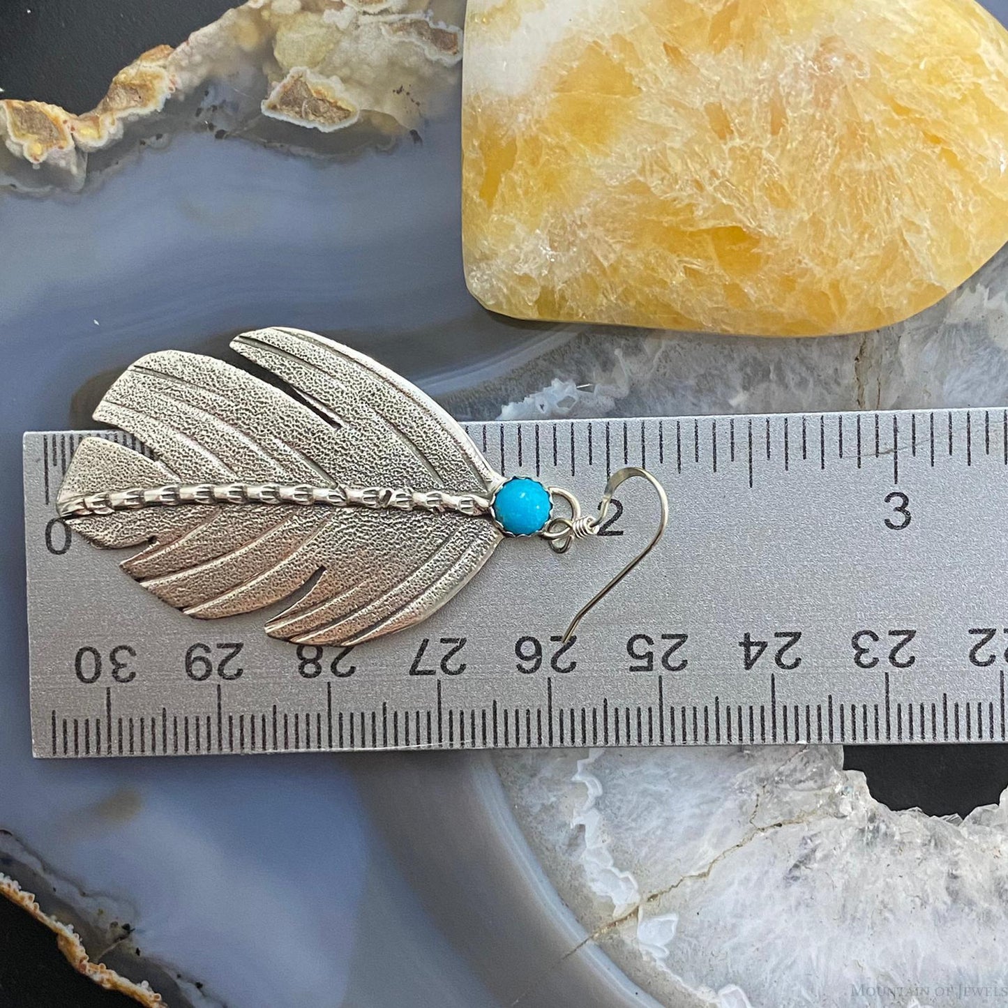 Brad Panteah Sterling Silver Turquoise Feather Texture Dangle Earrings For Women