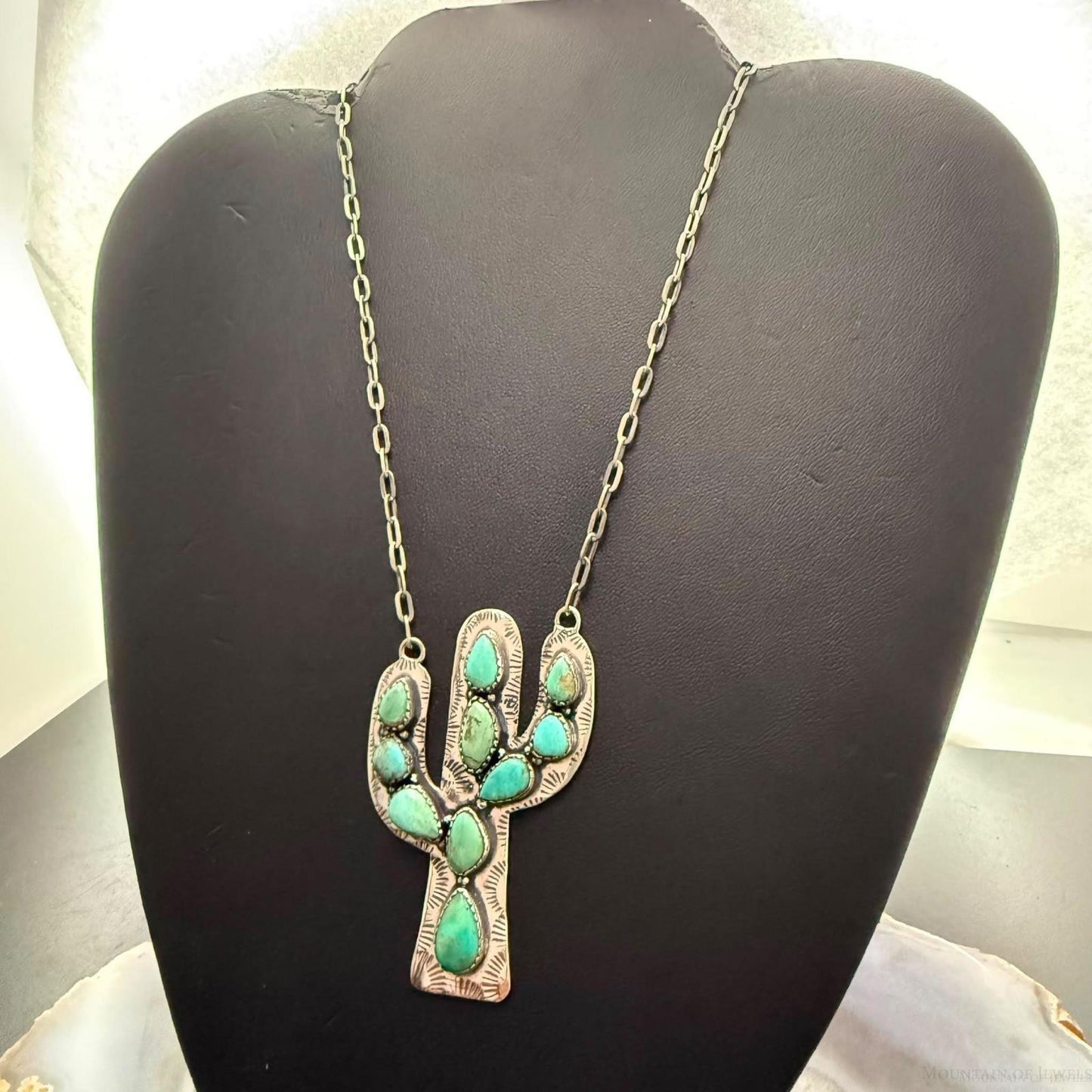 Sterling Southwestern Style Kingman Turquoise Cactus Pendant 22.5" Necklace