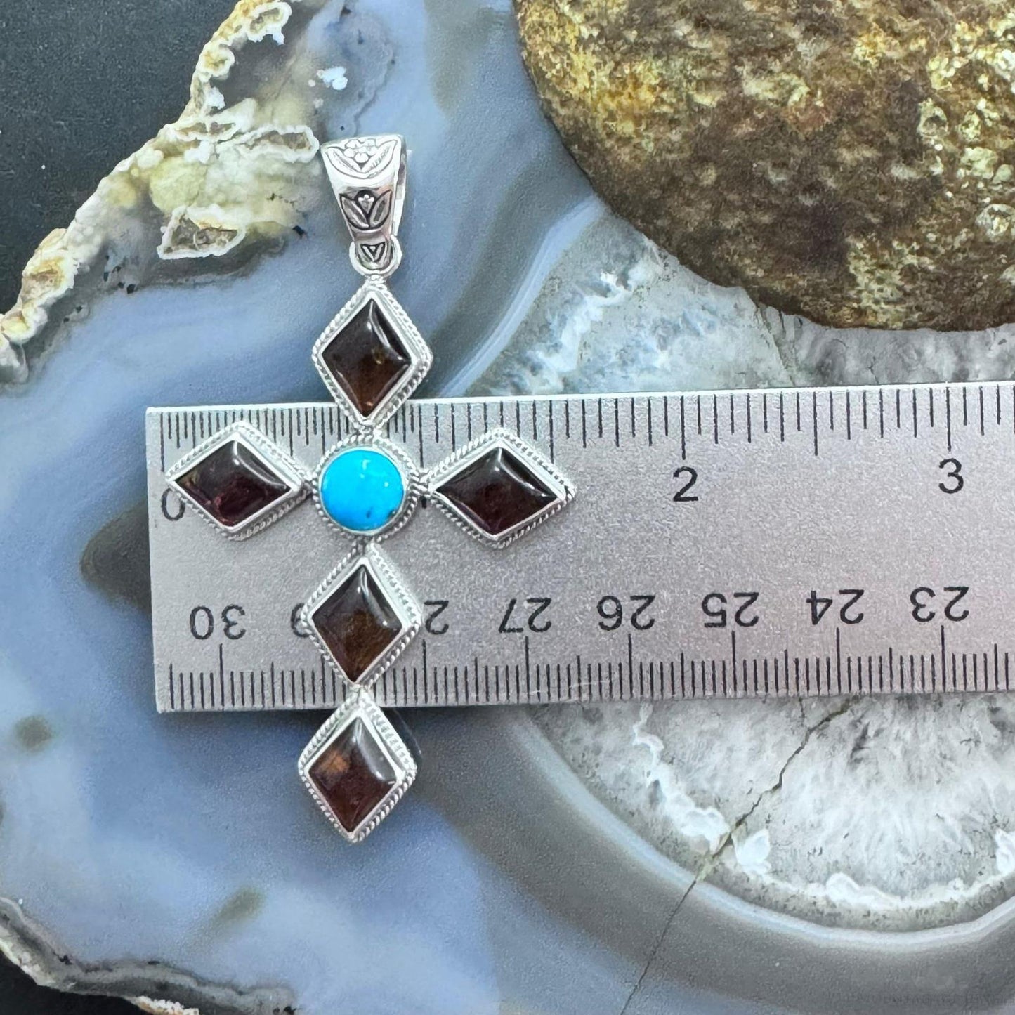 Native American Sterling Silver Turquoise & Amber Diamond Shape Cross Pendant For Women