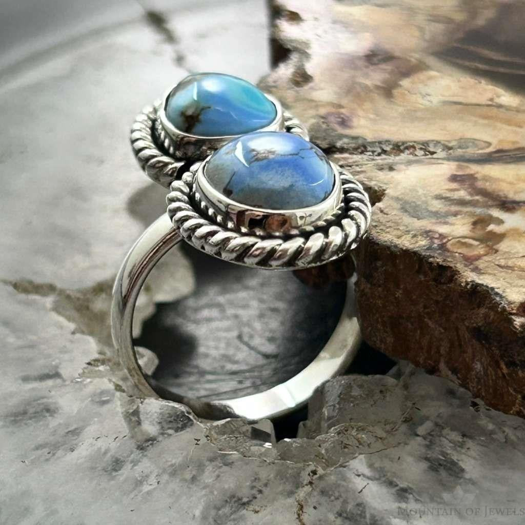 Sterling Silver Southwestern Style Double Golden Hill Turquoise Ring Size 7 For Women