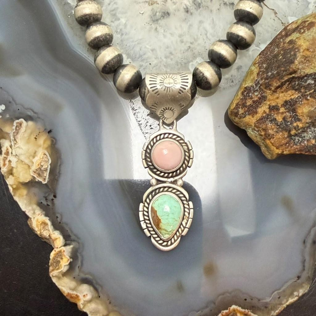 Sterling Silver Southwestern Style Pink Conch & Turquoise Pendant For Women