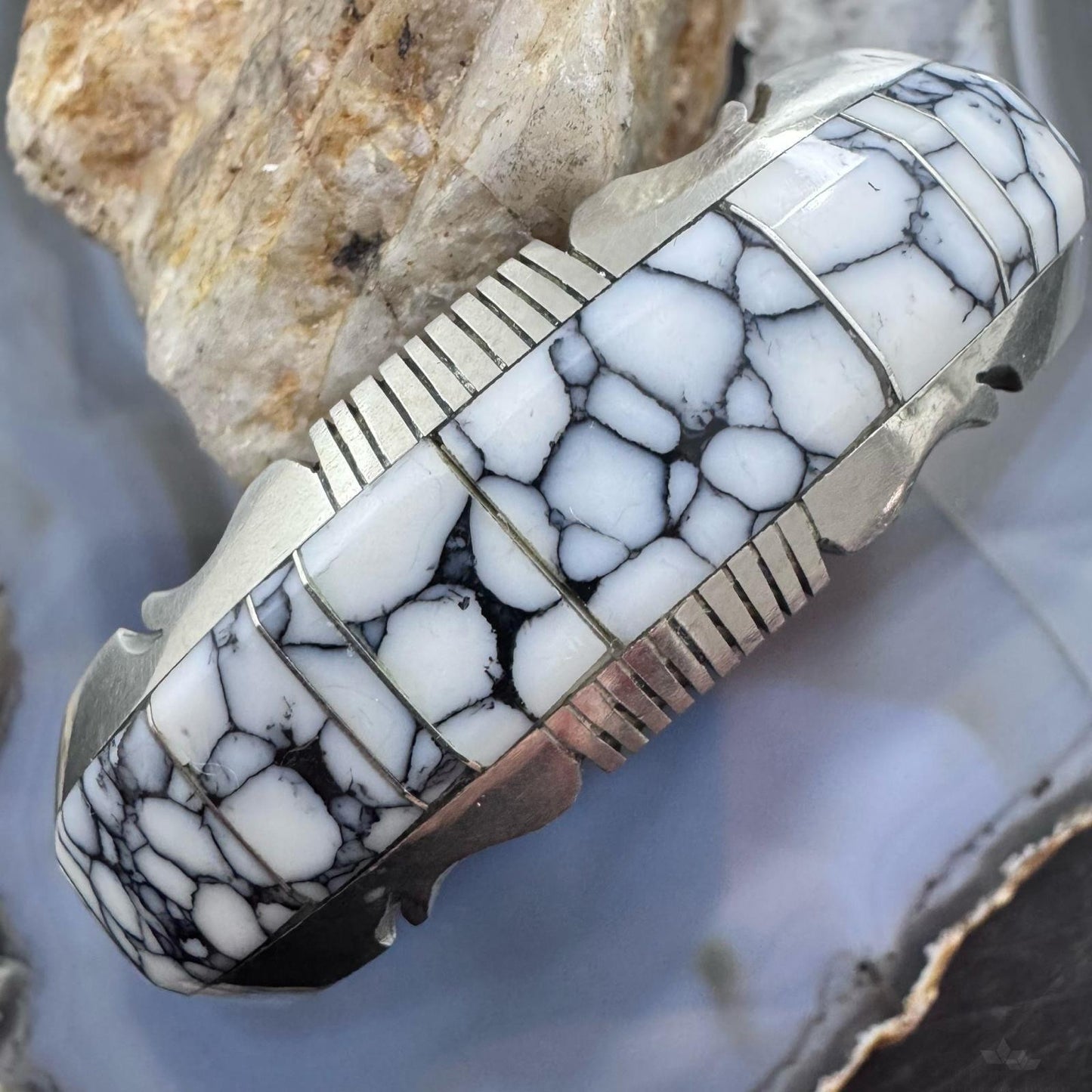 Steve Francisco Native American Sterling Silver White Buffalo Inlay Bracelet For Women