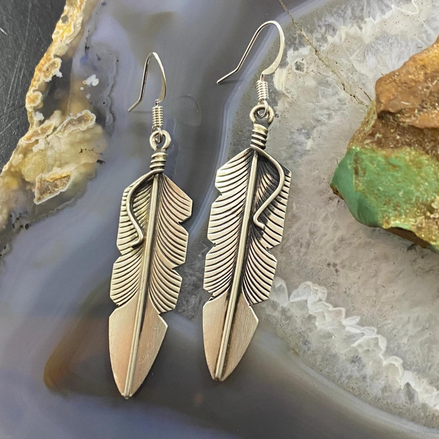 Chris Charley Native American Sterling Silver Feather Dangle Earrings For Women