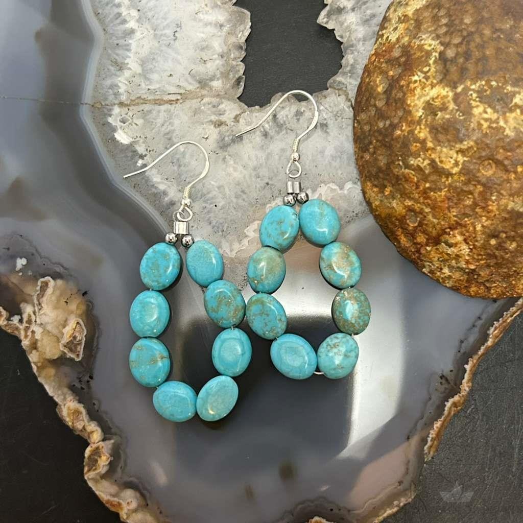 Sterling Silver 8 Oval Turquoise Beads Hoop Dangle Earrings For Women