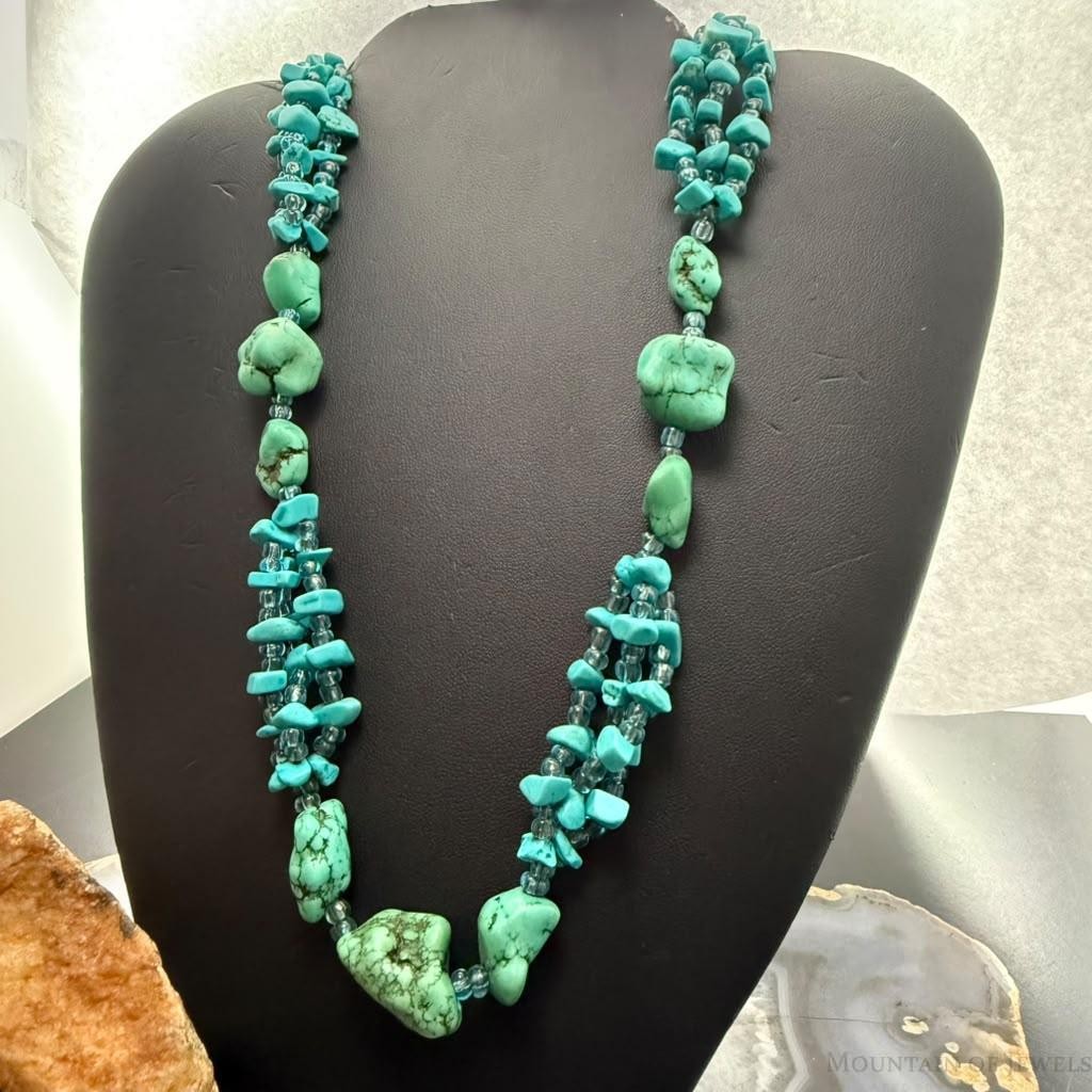 Vintage Native American Rough & Chunky Turquoise & Beads 22" Necklace For Women