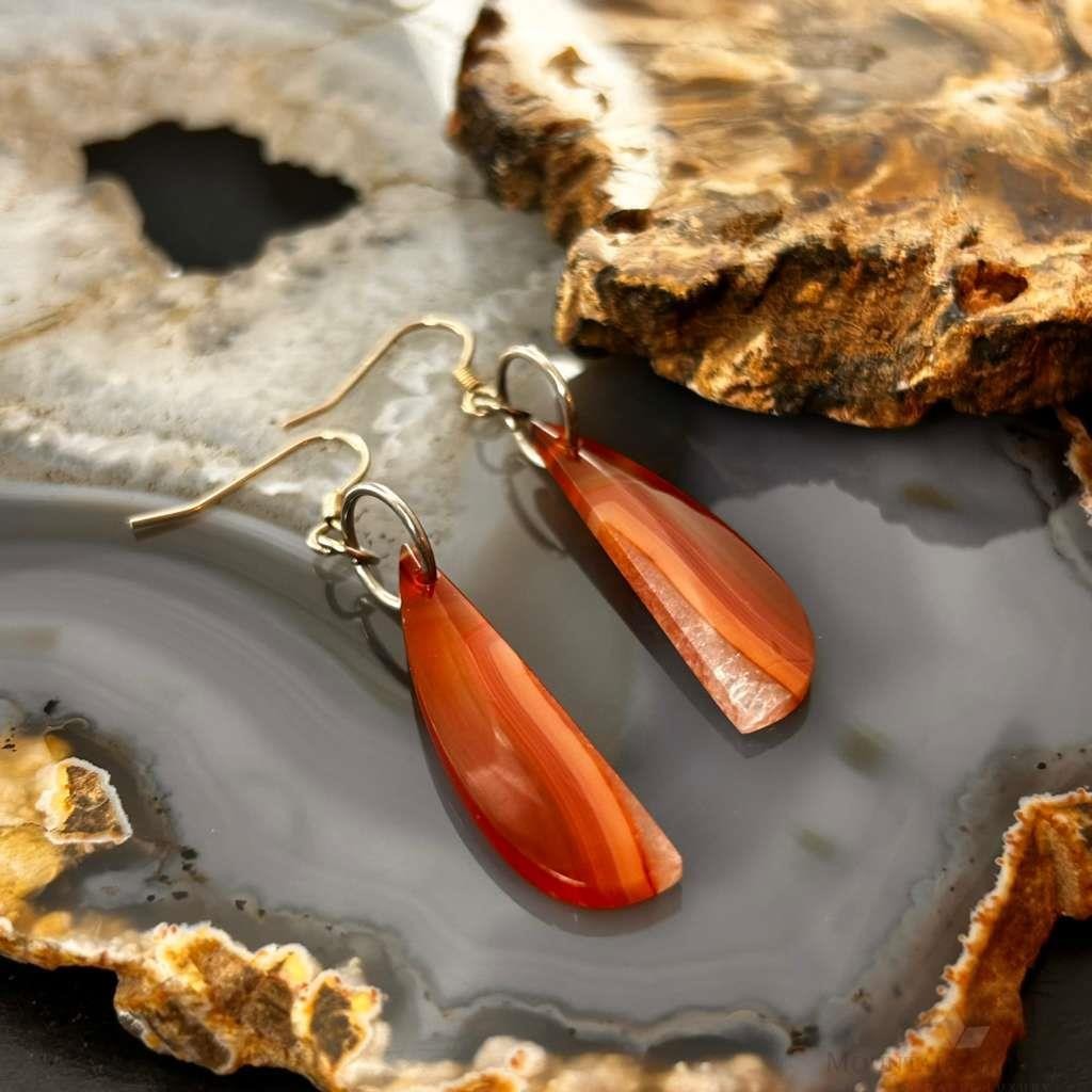 Sterling Silver Elongated Half Moon Carnelian Slab Dangle Earrings For Women 327