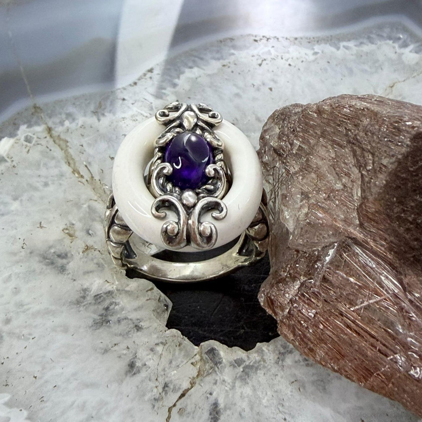 Carolyn Pollack Sterling Silver White Agate & Oval Amethyst Ring Size 7.25 For Women