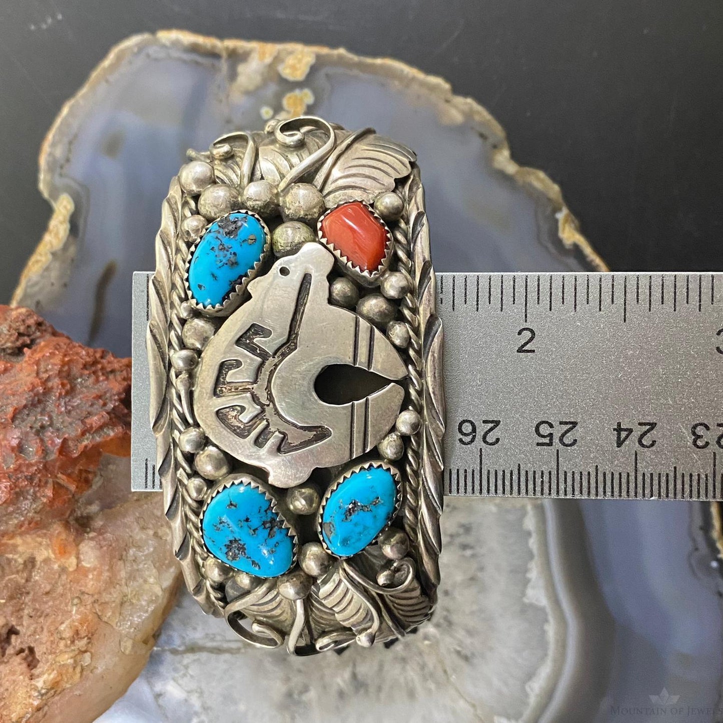 Native American Sterling Silver Turquoise & Coral Leaf Decorated  Bracelet For Men