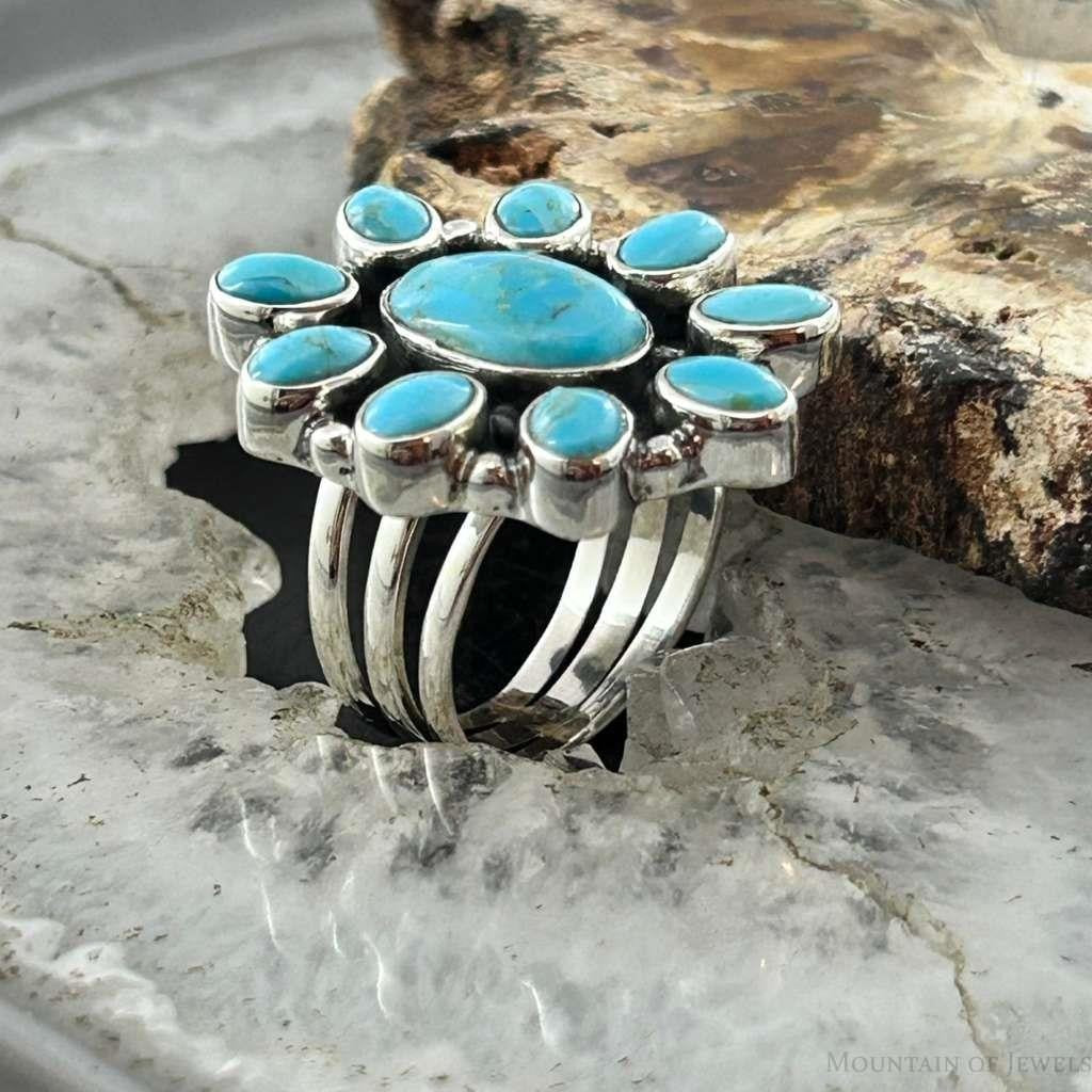 Sterling Silver Southwestern Style Mohave Turquoise Cluster Ring Size 7.5 For Women