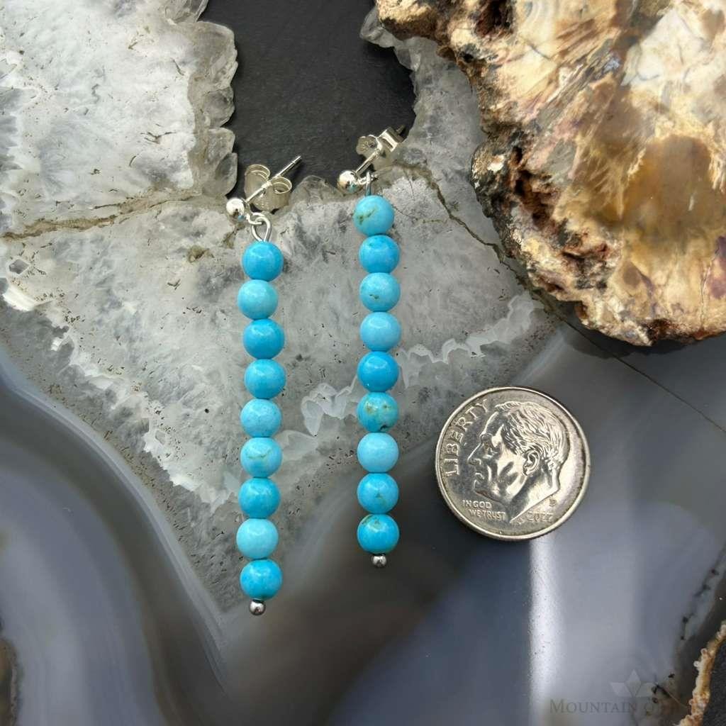 Sterling Silver 9 Rounded Turquoise Beads Long Dangle Earrings For Women