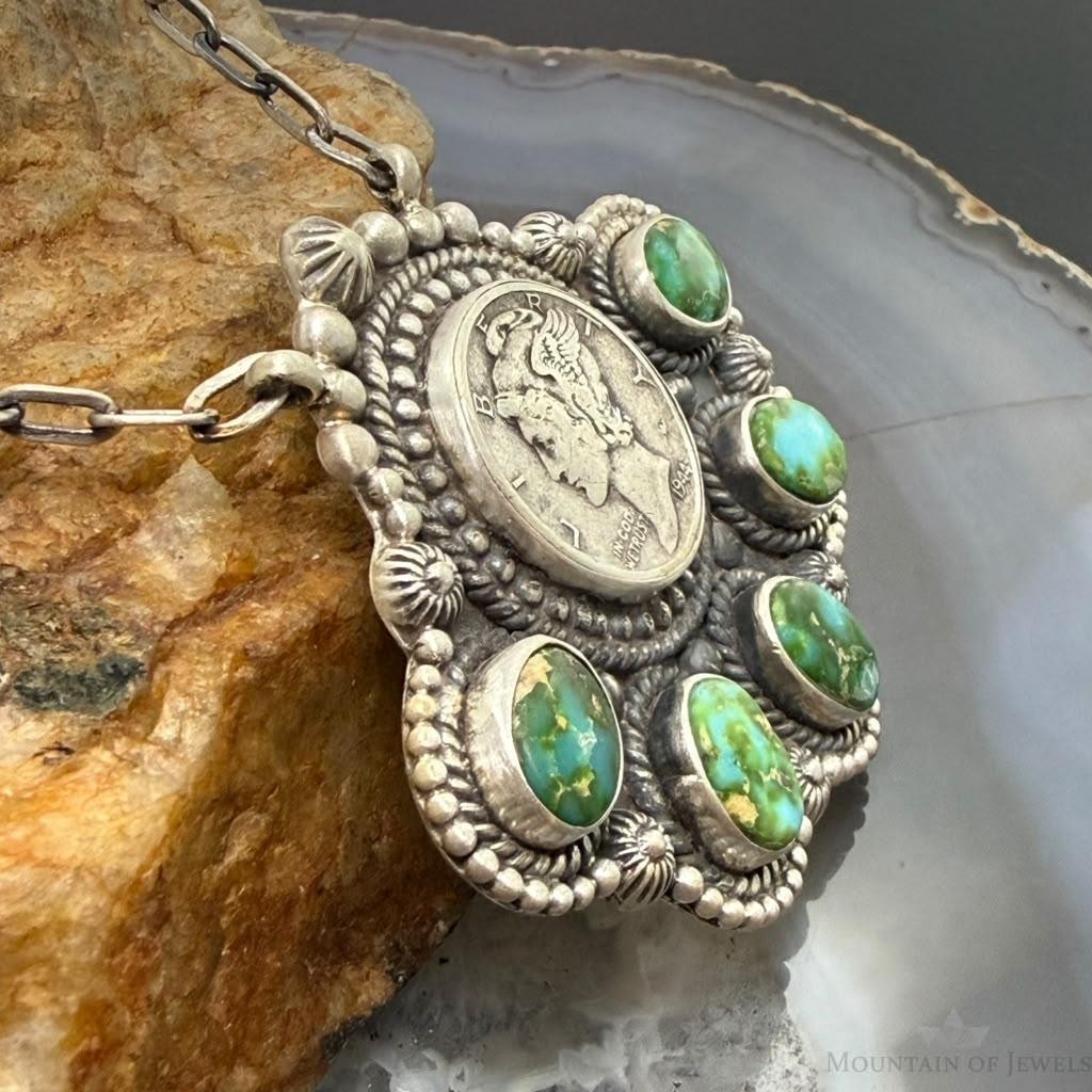 Sterling Silver Southwestern Style 1944 Mercury Dime & Sonora Gold Turquoise Necklace For Women