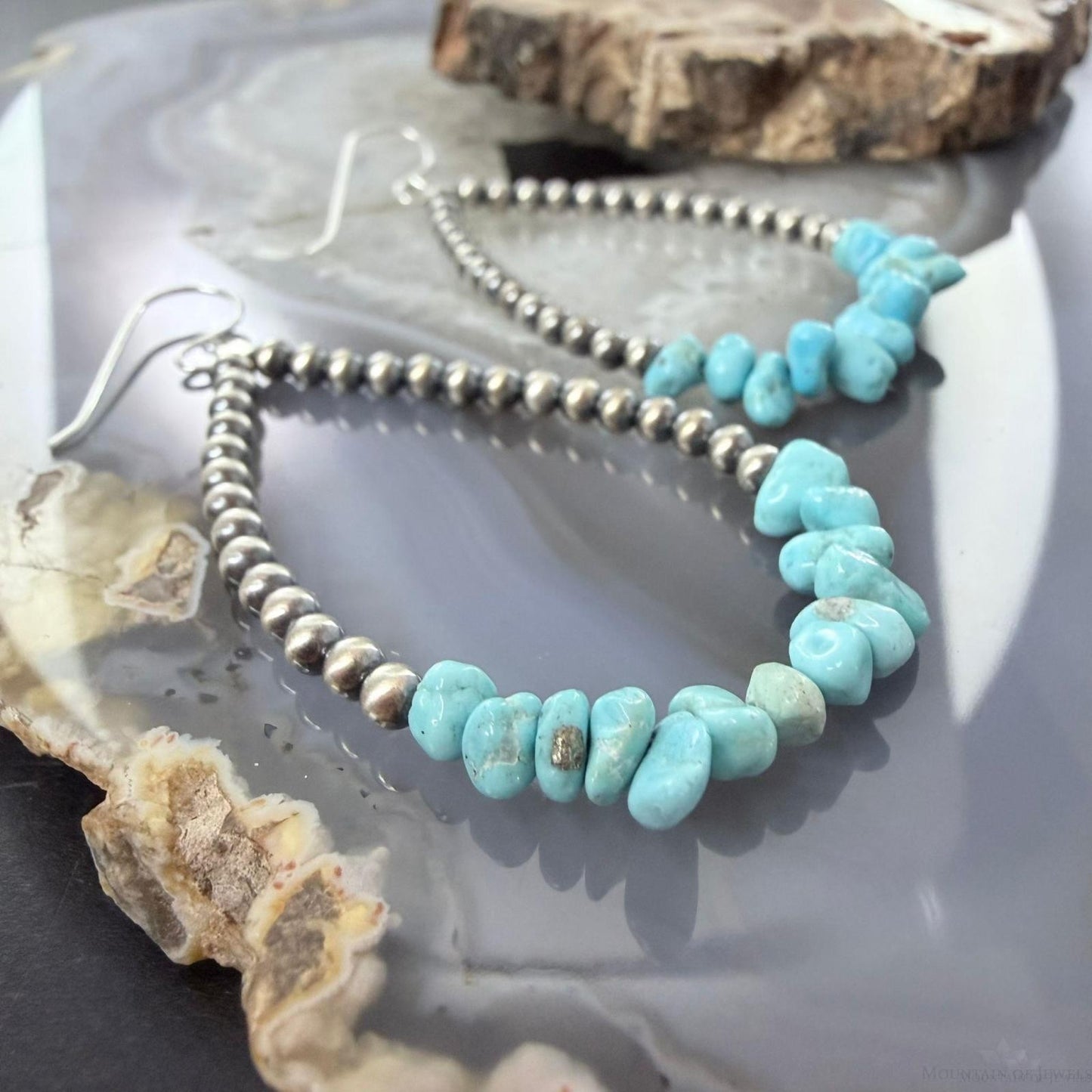 Sterling Silver Navajo Pearl Bead & Chunky Turquoise Dangle Hoop Earrings For Women