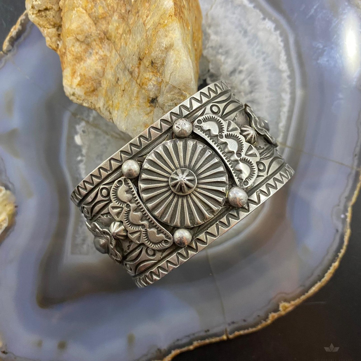 Native American Sterling Silver Stamped Decorated Cuff Bracelet For Women