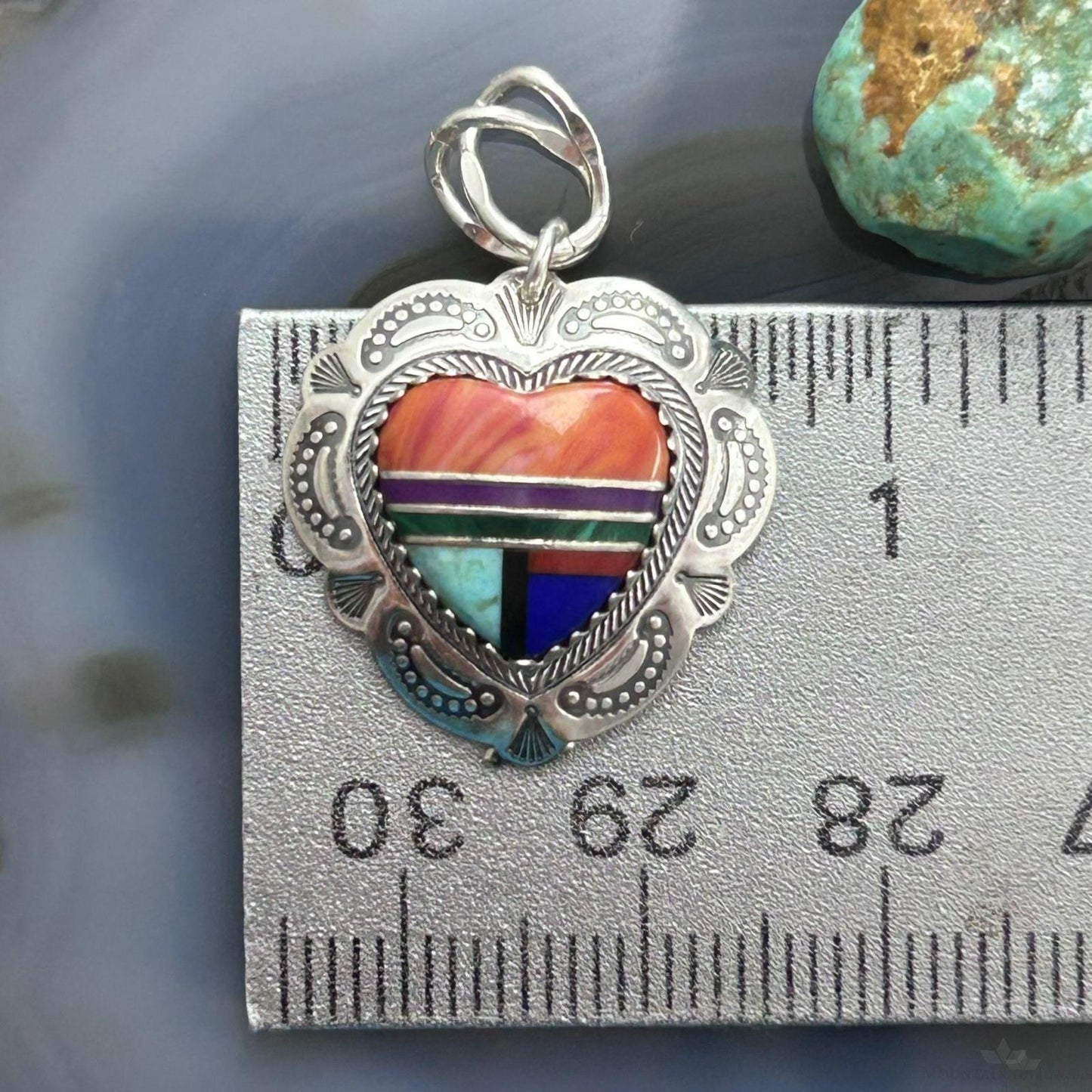QT Quoc Sterling Silver Southwestern Style Multistone Inlay Heart Pendant For Women
