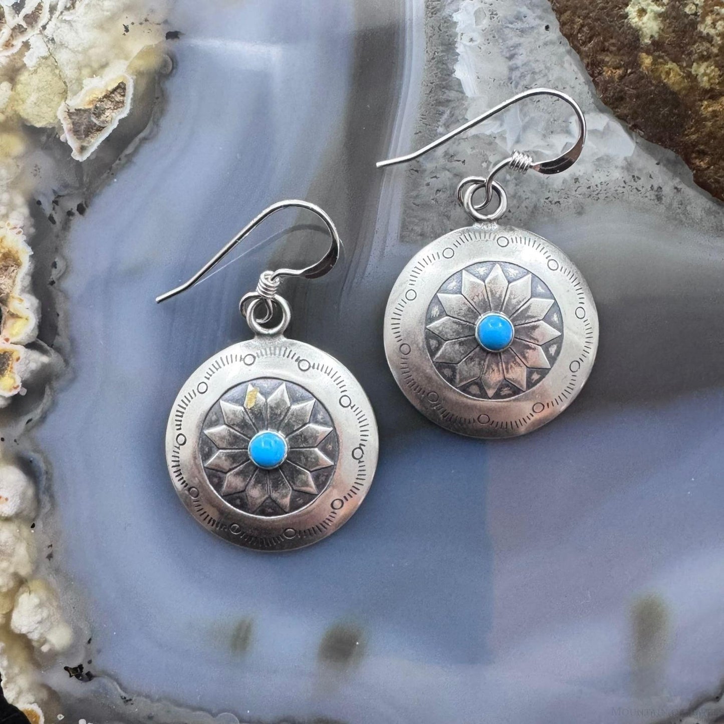 Native American Sterling Silver Turquoise Dot Stamped Concho Dangle Earrings For Women