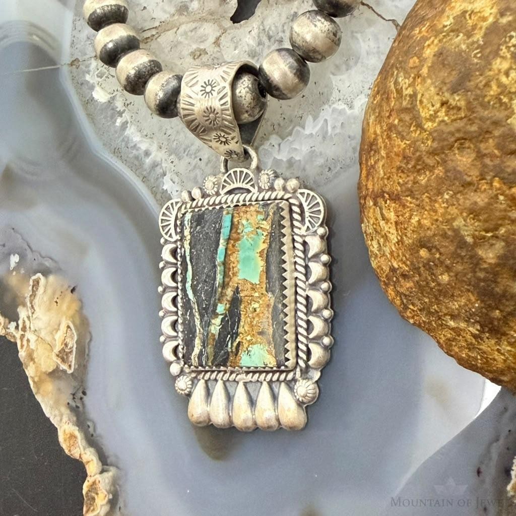 Sterling Silver Southwestern Style Square Blackjack Turquoise Decorated Pendant #1
