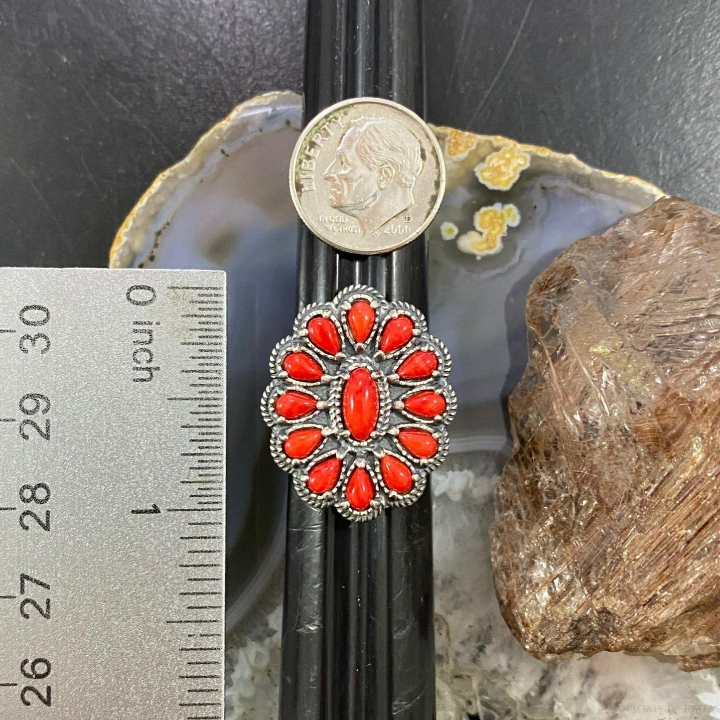 Carolyn Pollack Southwestern Style Sterling Silver Red Coral Decorated Flower Cluster Ring For Women