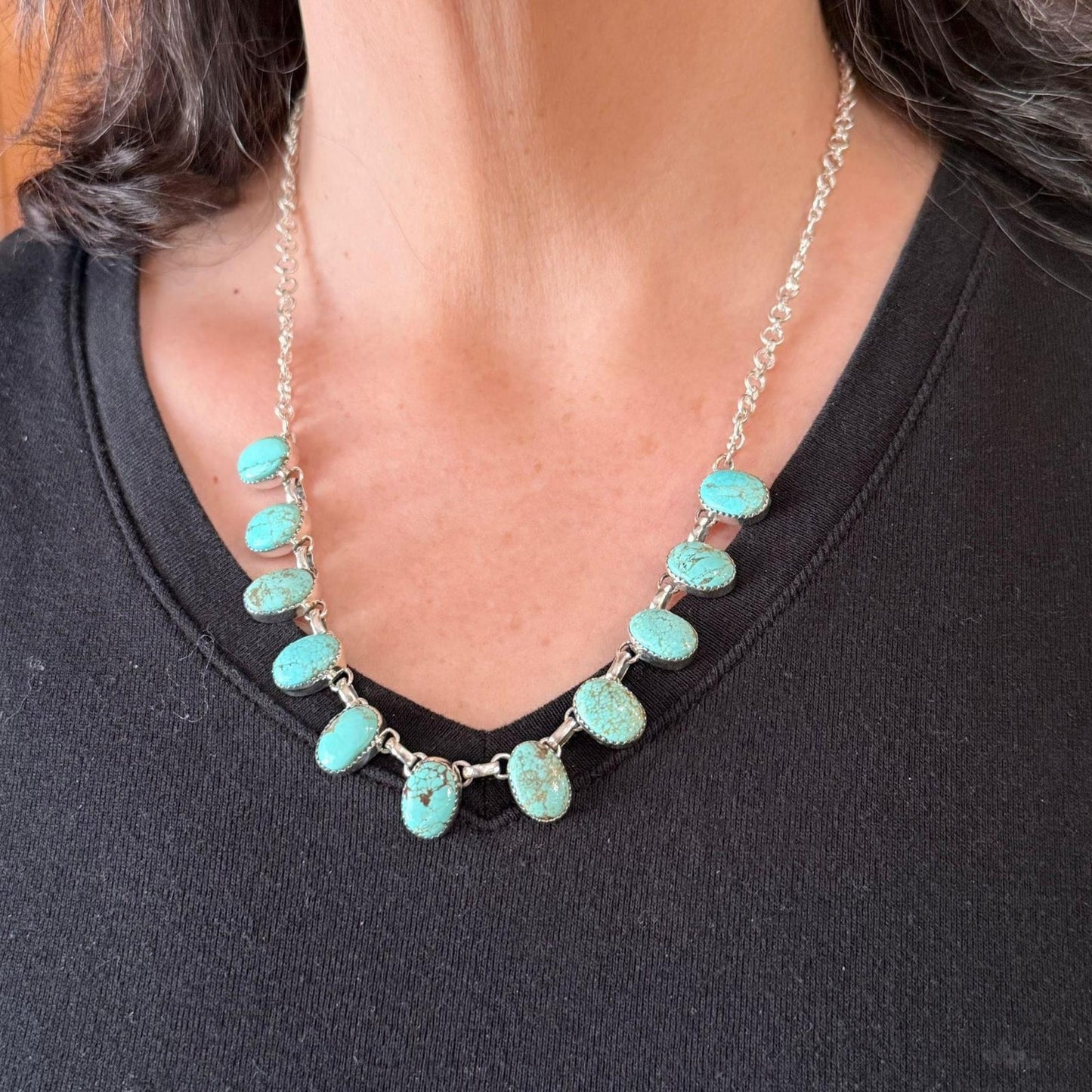 Sterling Southwestern Style Oval Pilot Mountain Turquoise 20" Necklace For Women