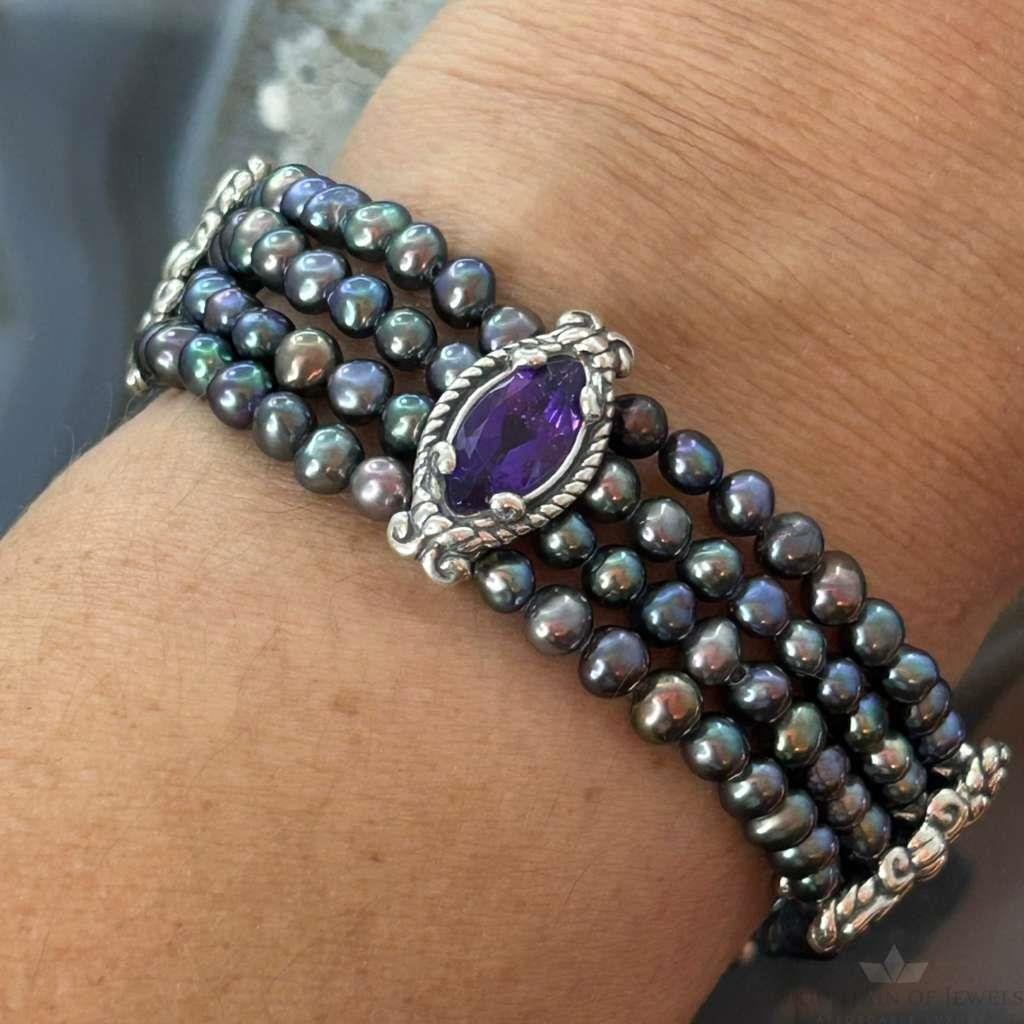 Carolyn Pollack Vintage Sterling Silver Amethyst & Pearls Toggle Bracelet For Women