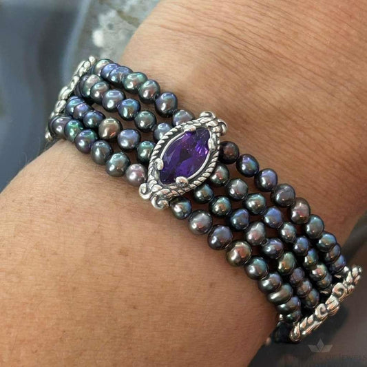 Carolyn Pollack Vintage Sterling Silver Amethyst & Pearls Toggle Bracelet For Women