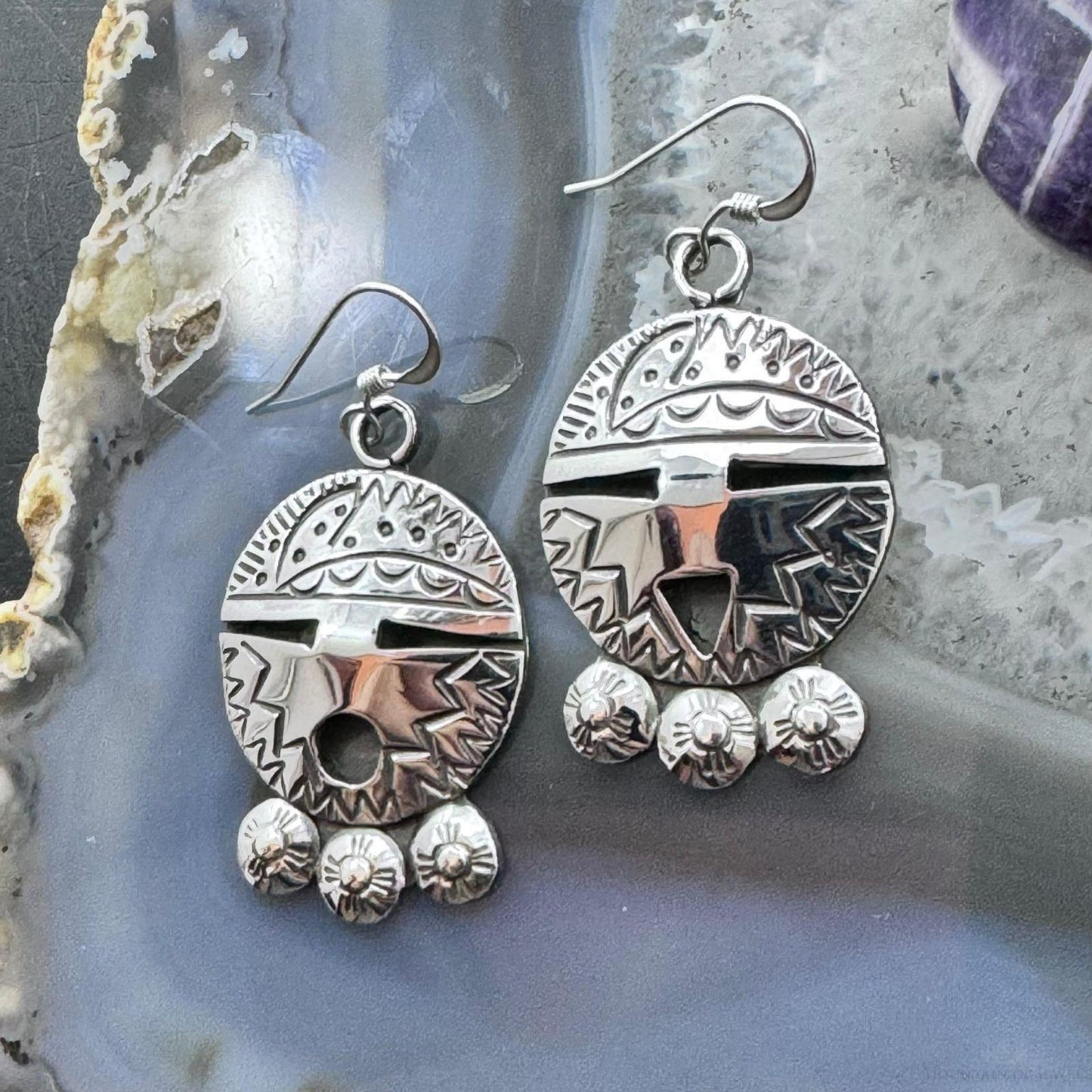 Brad Panteah Sterling Silver Overlay Decorated Maiden Face Dangle Earrings For Women