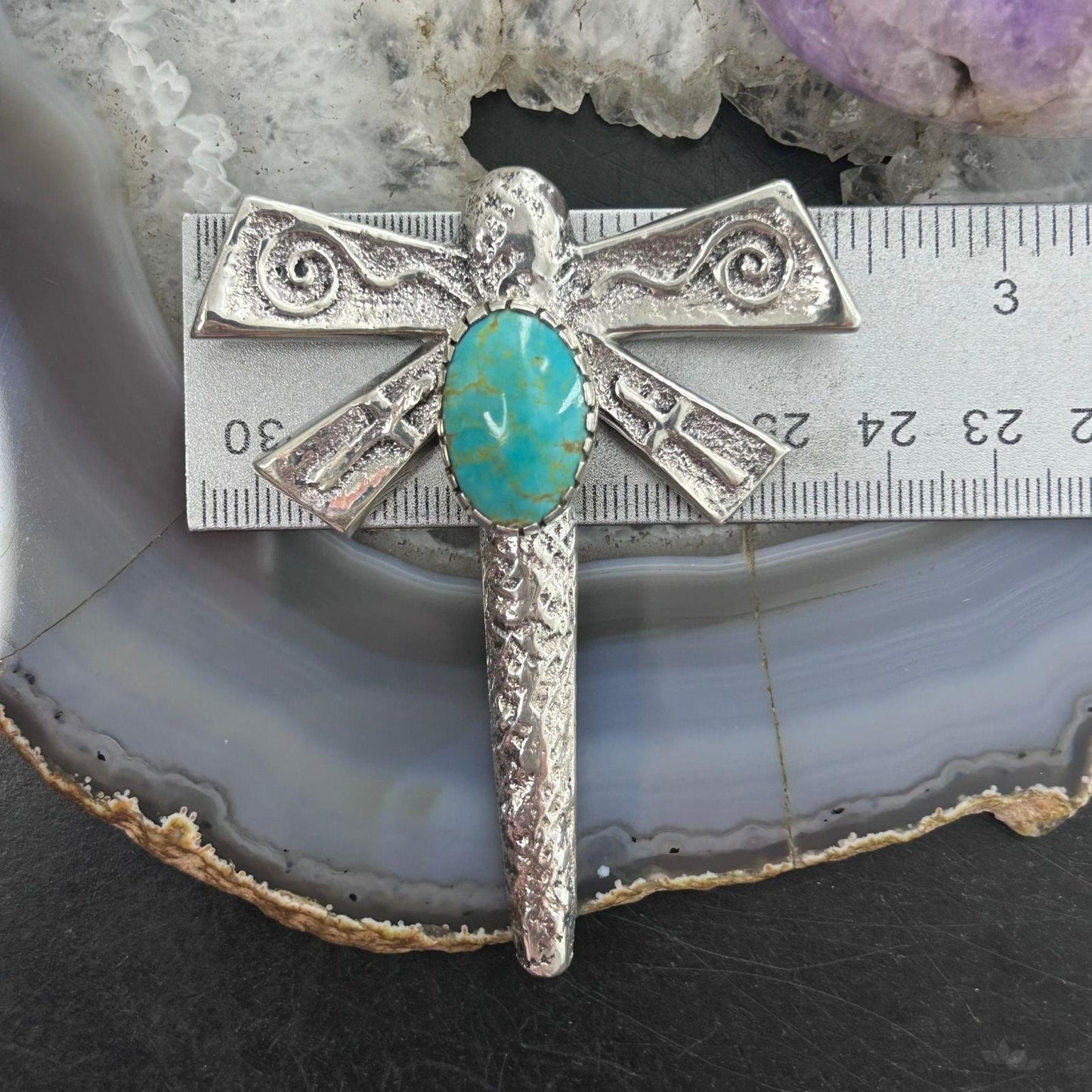 Gary Custer Navajo Sterling Silver Tufa Cast Turquoise Dragonfly Unisex Pendant