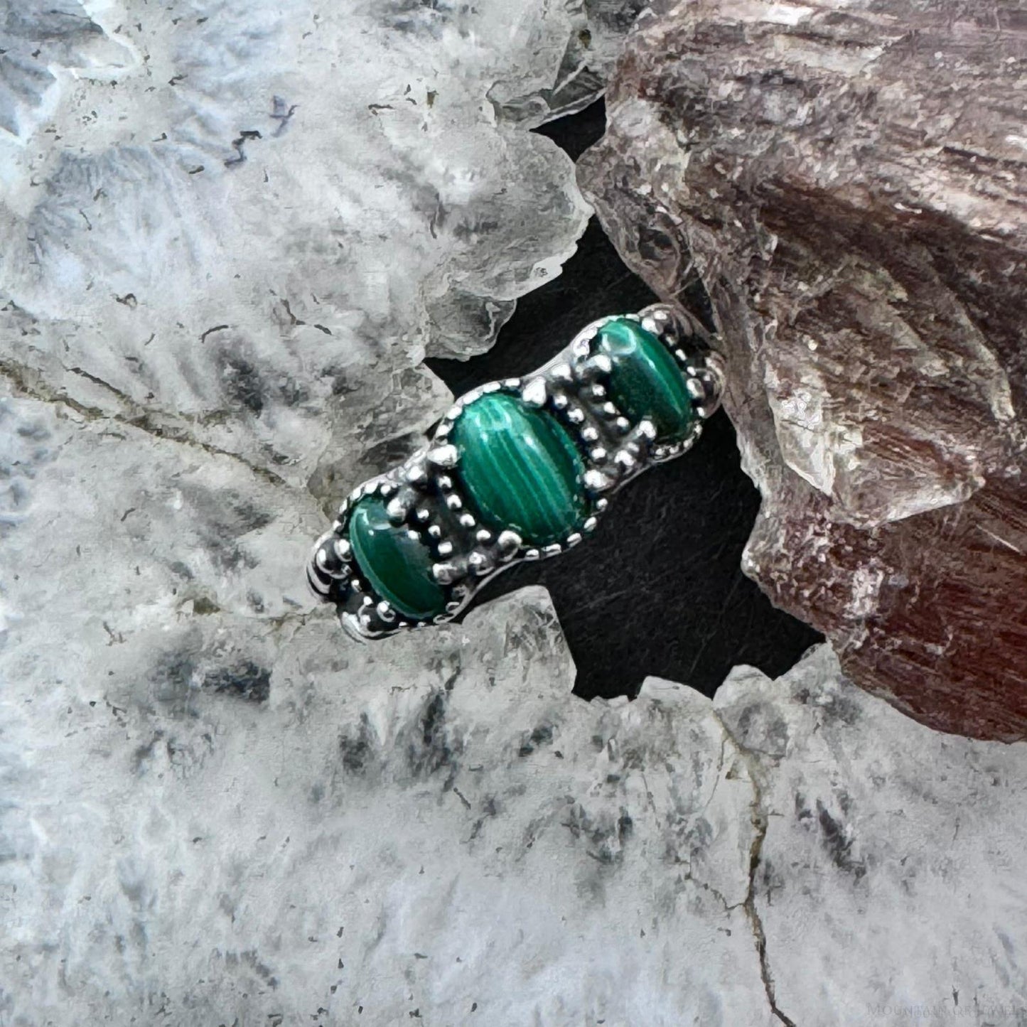 Carolyn Pollack Sterling Silver 3 Oval Malachite Decorated Ring For Women