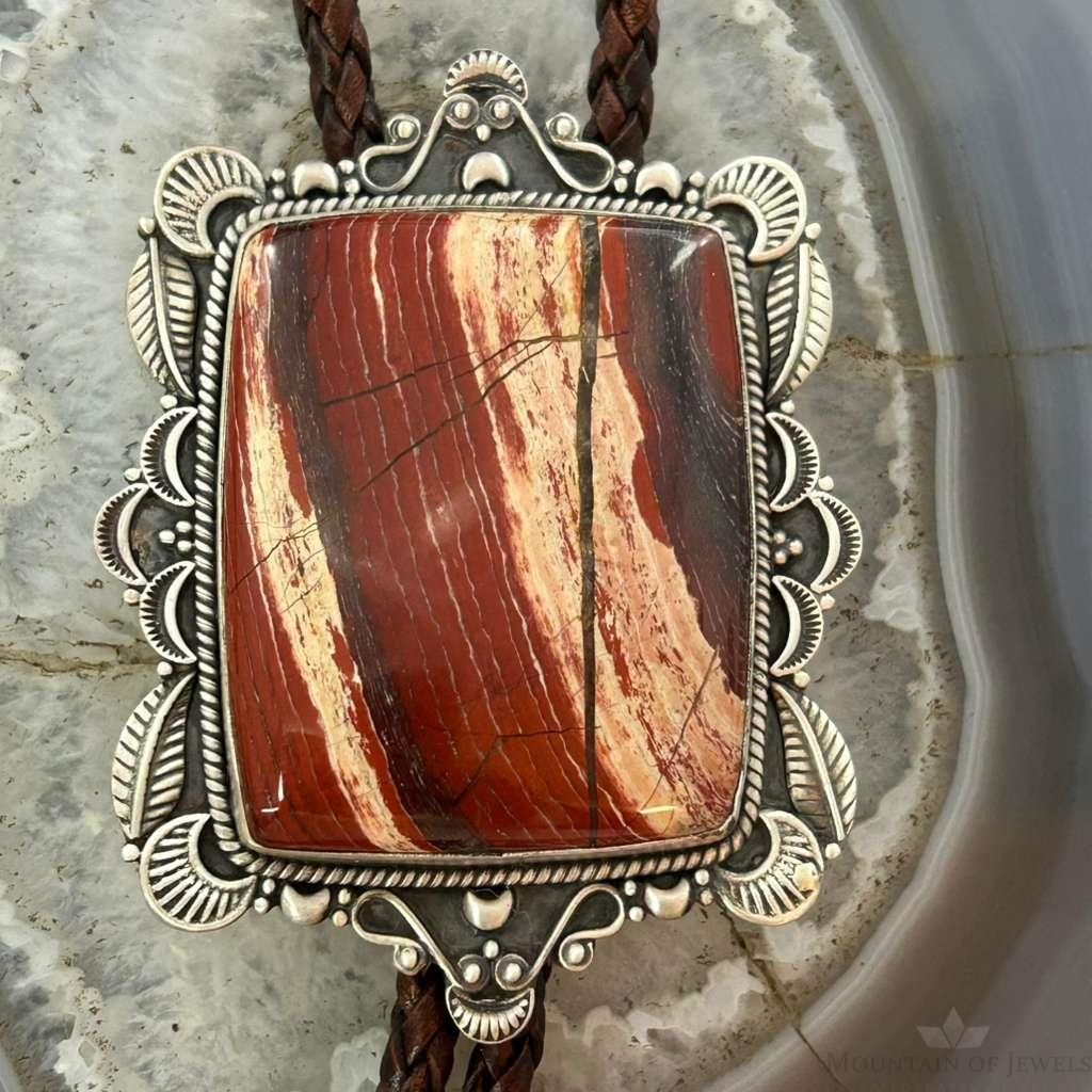 Sterling Silcer Southwestern Style Large Snake Skin Jasper Decorated Bolo Tie For Men