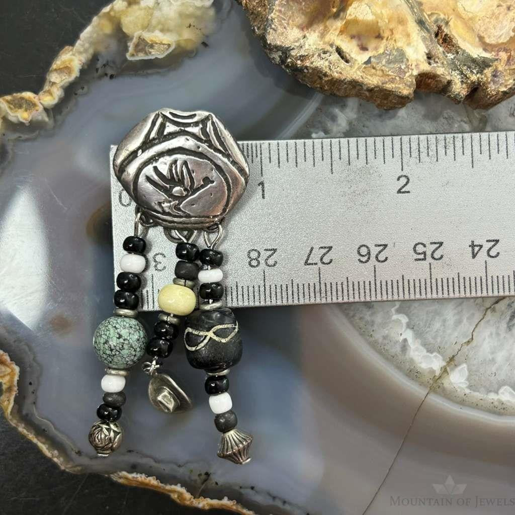 Vintage Sterling Silver Southwestern Roadrunner Beads Dangle Earrings For Women