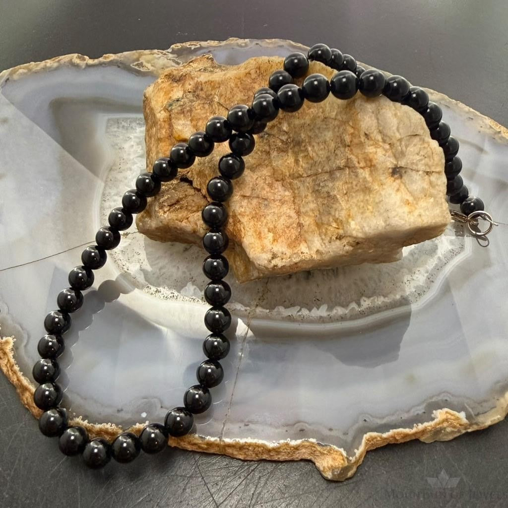Sterling Silver 6mm Onyx Beads 16" Necklace For Women