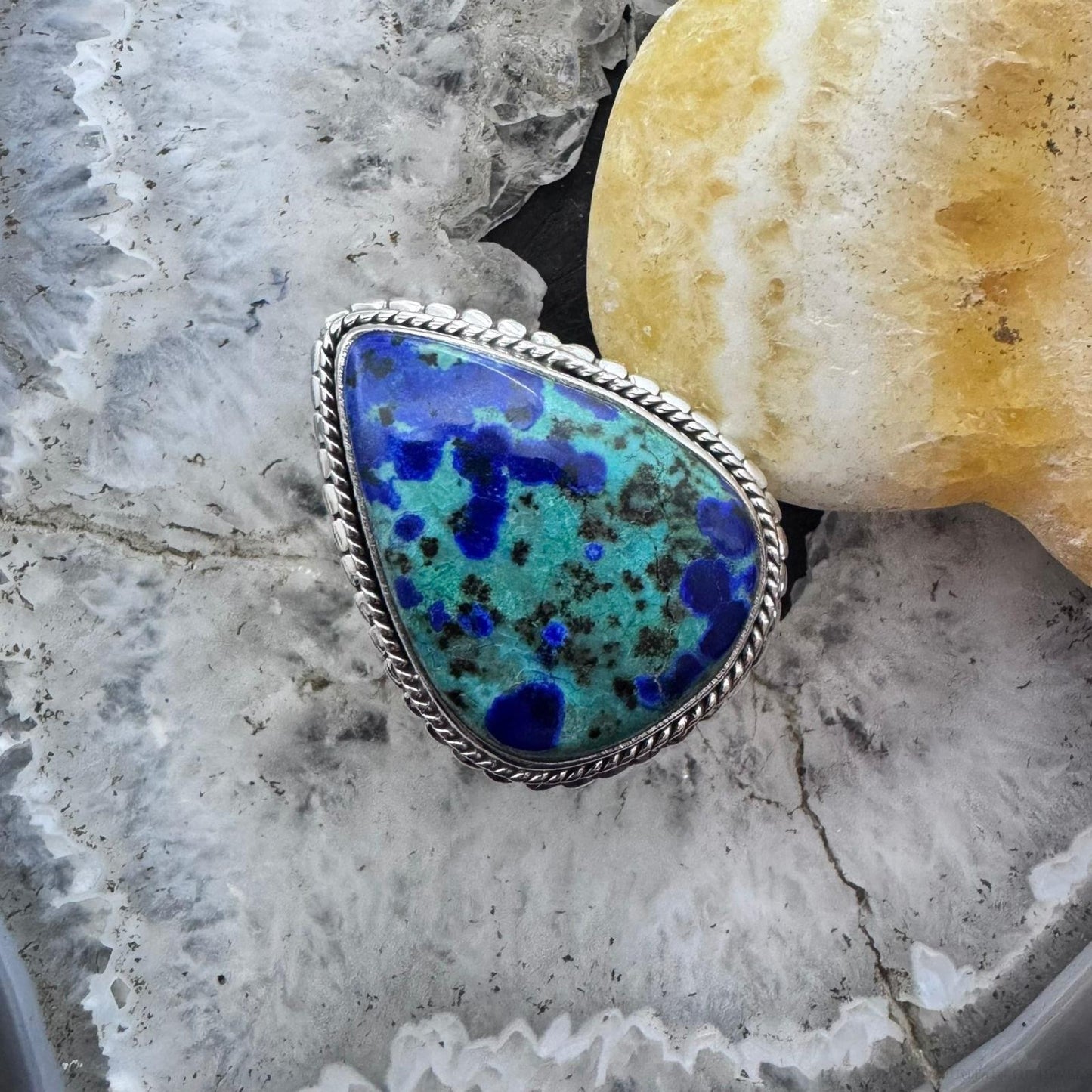 Sterling Silver Southwestern Style Large Teardrop Azurite Ring Size 6 For Women
