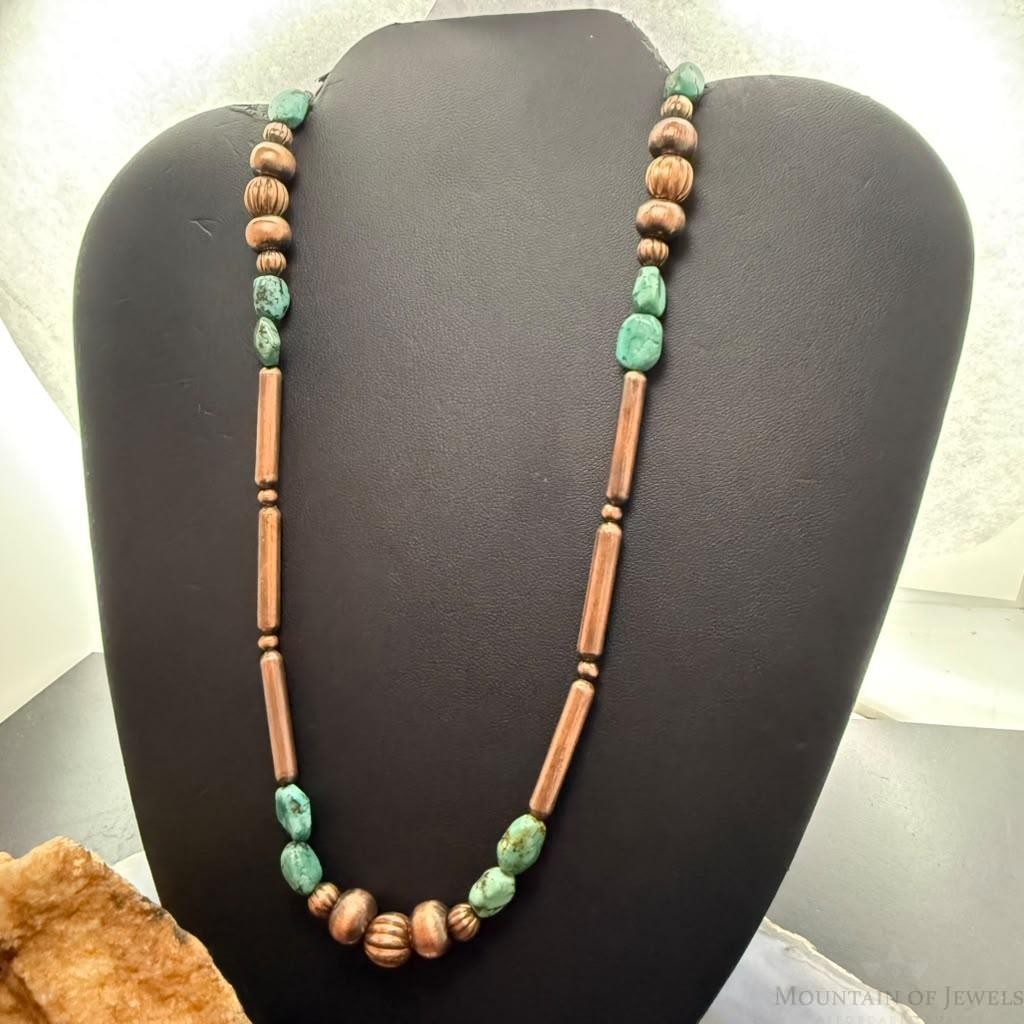 Southwestern Style 3-9.5mm Copper Navajo Pearl Round,Cylinder w/Carico Lake Turquoise 22" Necklace For Women
