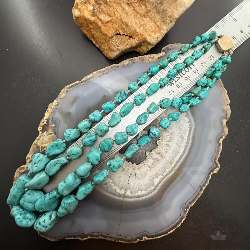 Vintage Silver Native American Graduated Rough Turquoise 18" Necklace For Women