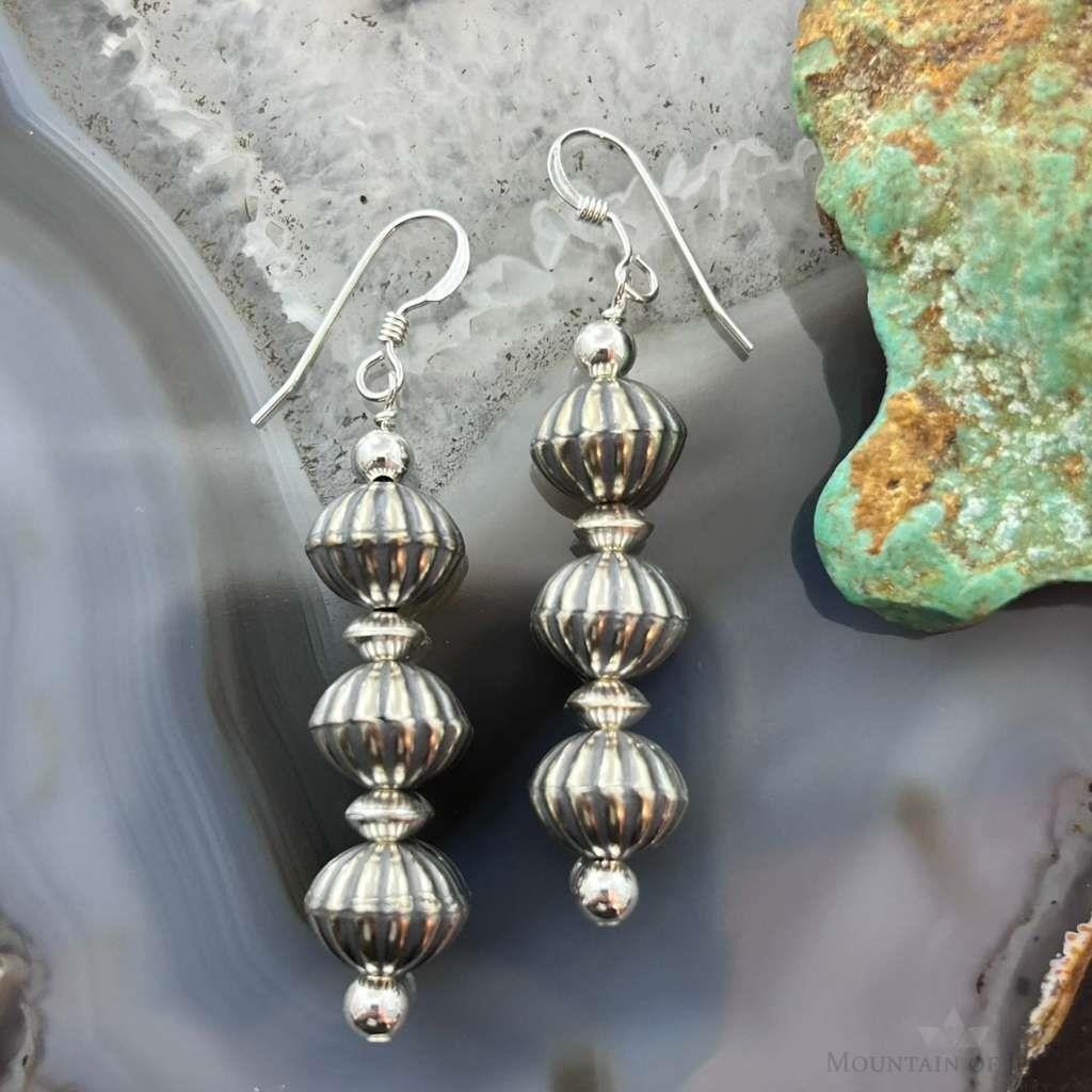 Native American Sterling Silver Grooved Saucer Pearl Beads Dangle Earrings For Earrings