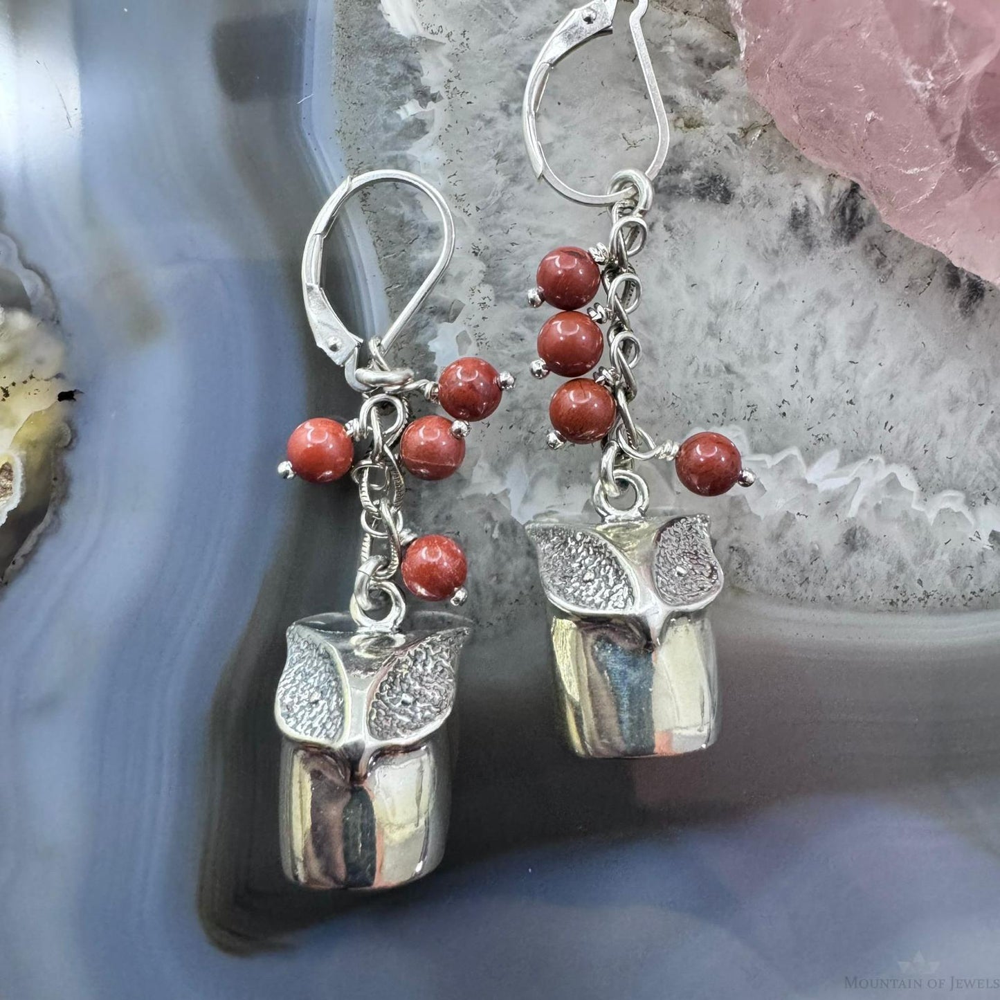 Andrew Rodriguez Sterling Silver Owl With 4 Tiny Red Jasper Beads Dangle Earrings For Women