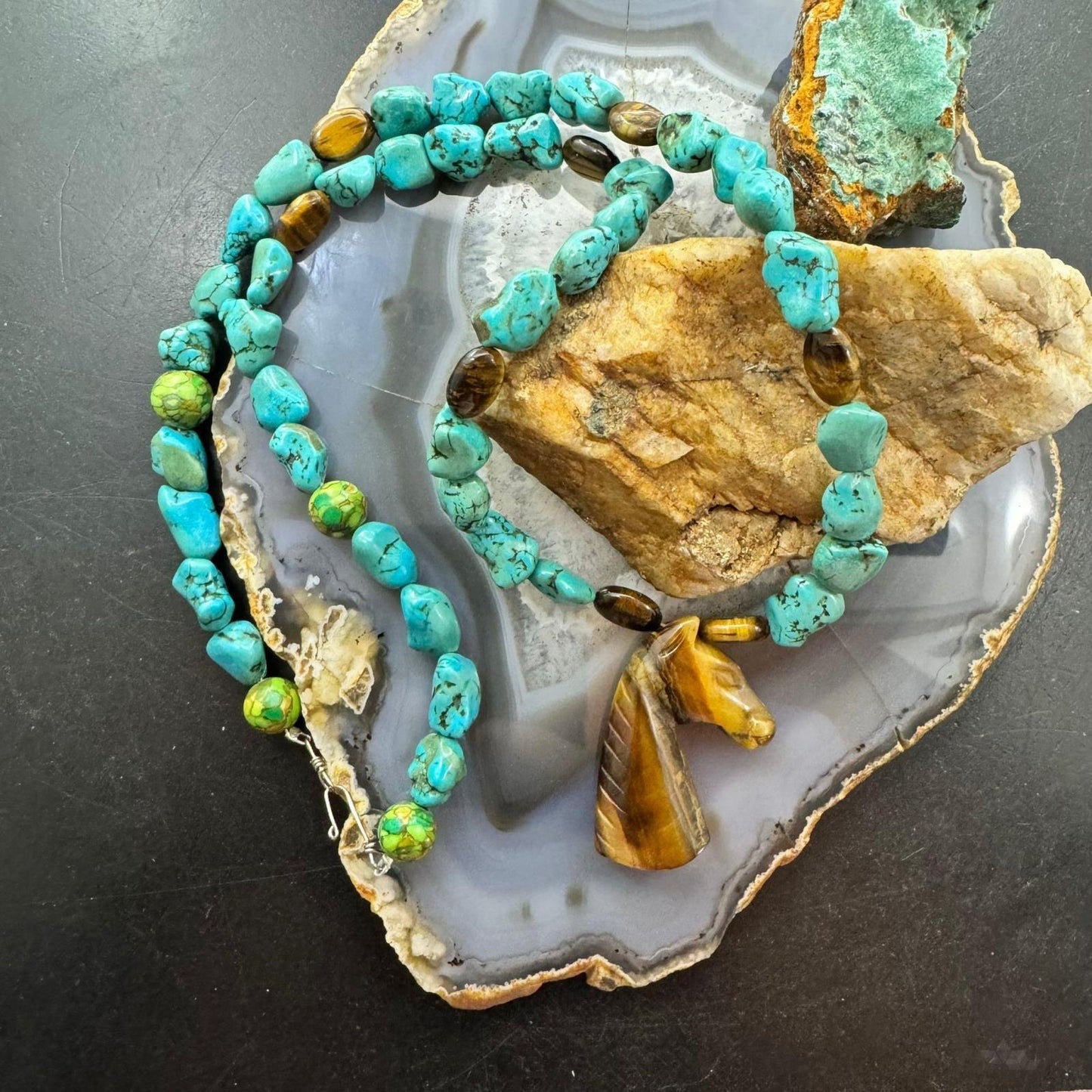 Vintage Kingman Turquoise & Tiger's Eye Beads Necklace w/Horse Head 24" Necklace For Women