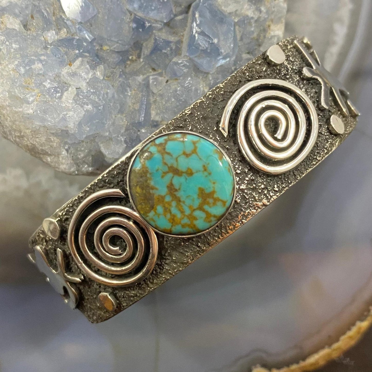 Alex Sanchez Native American Sterling Silver Turquoise Petroglyph Bracelet #5