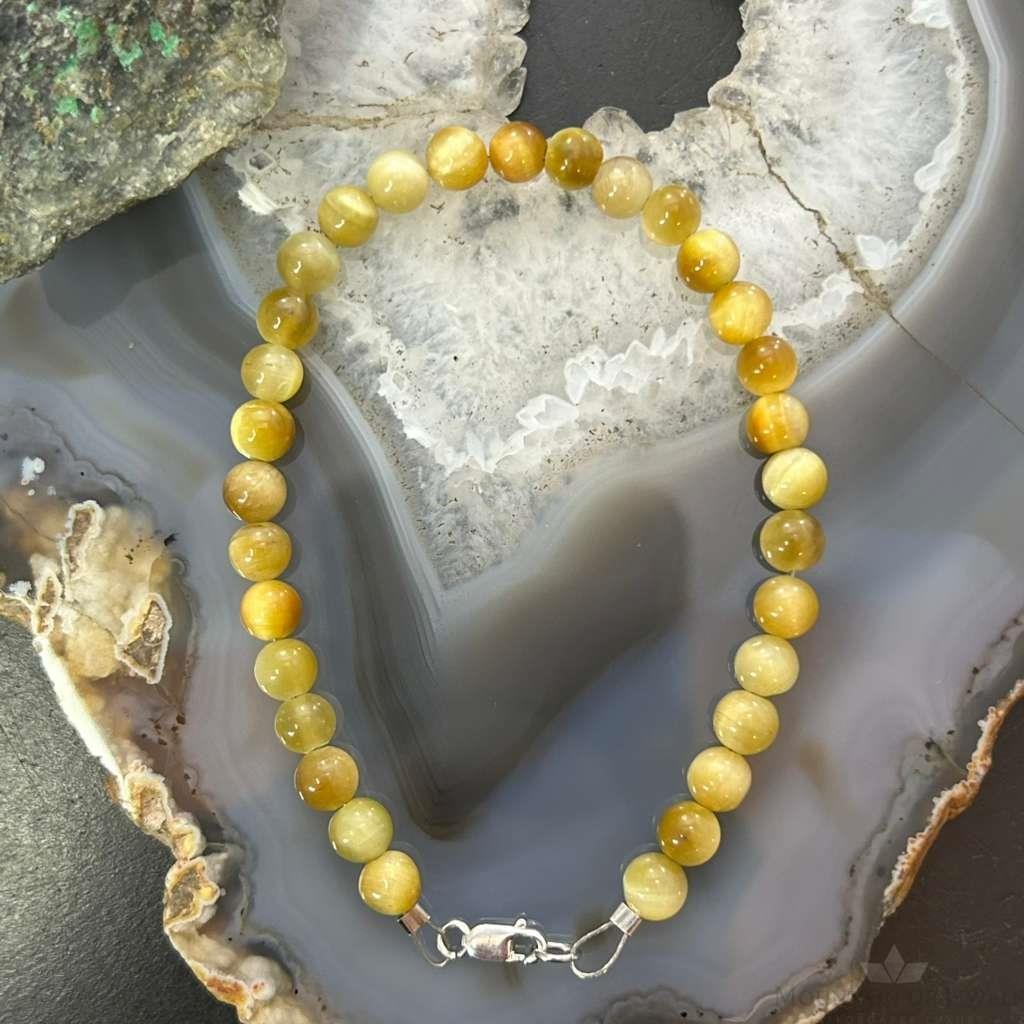 Sterling Silver 6mm Gold Tiger's Eye Beads Bracelet For Women