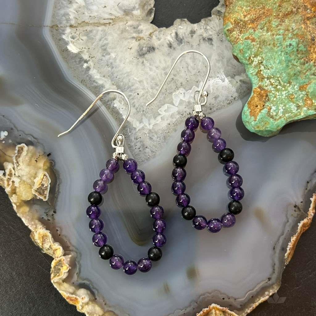 Sterling Silver Amethyst Beads Hoop Dangle Earrings For Women