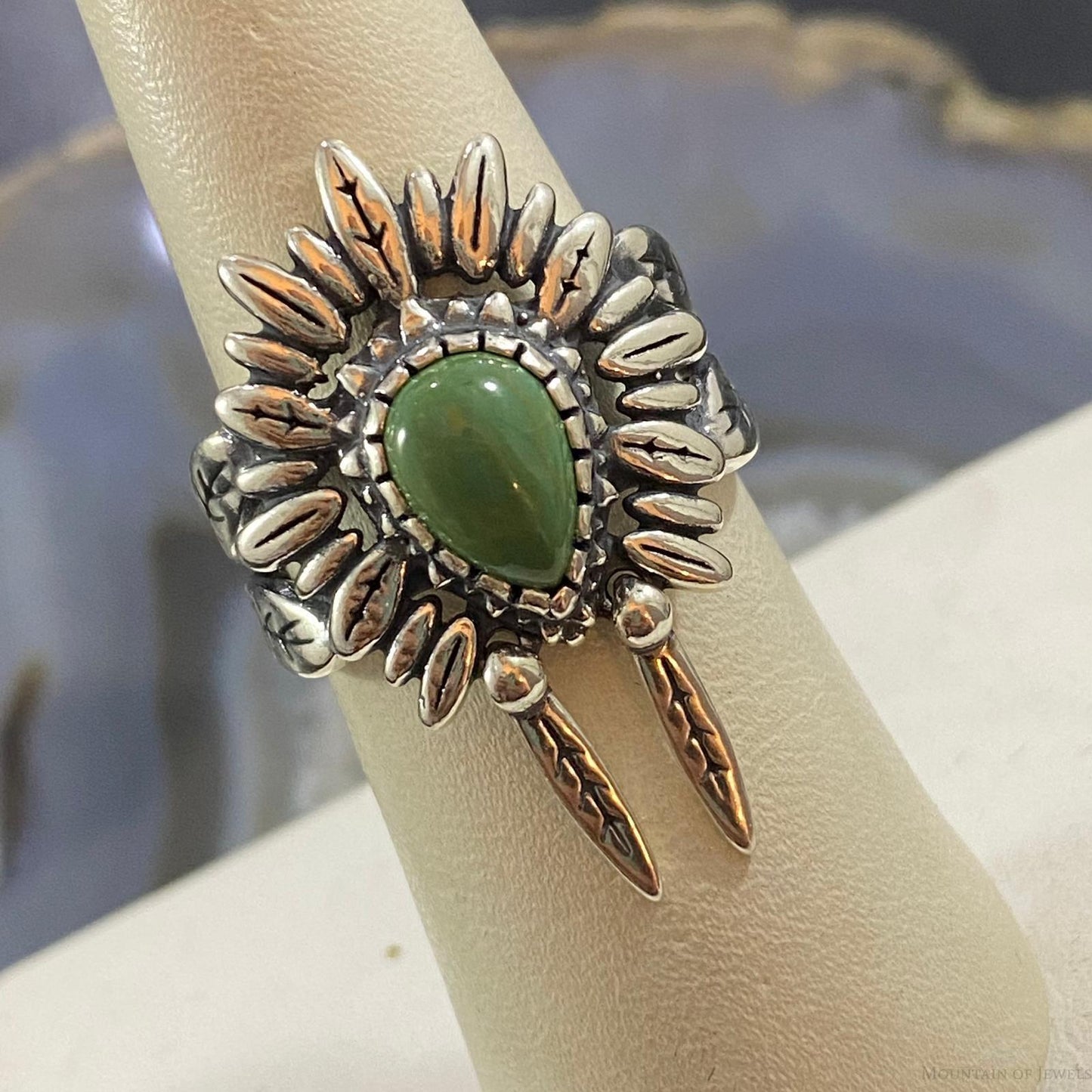 Carolyn Pollack Southwestern Style Sterling Silver Green Turquoise Chief Feather Headdress Ring For Women