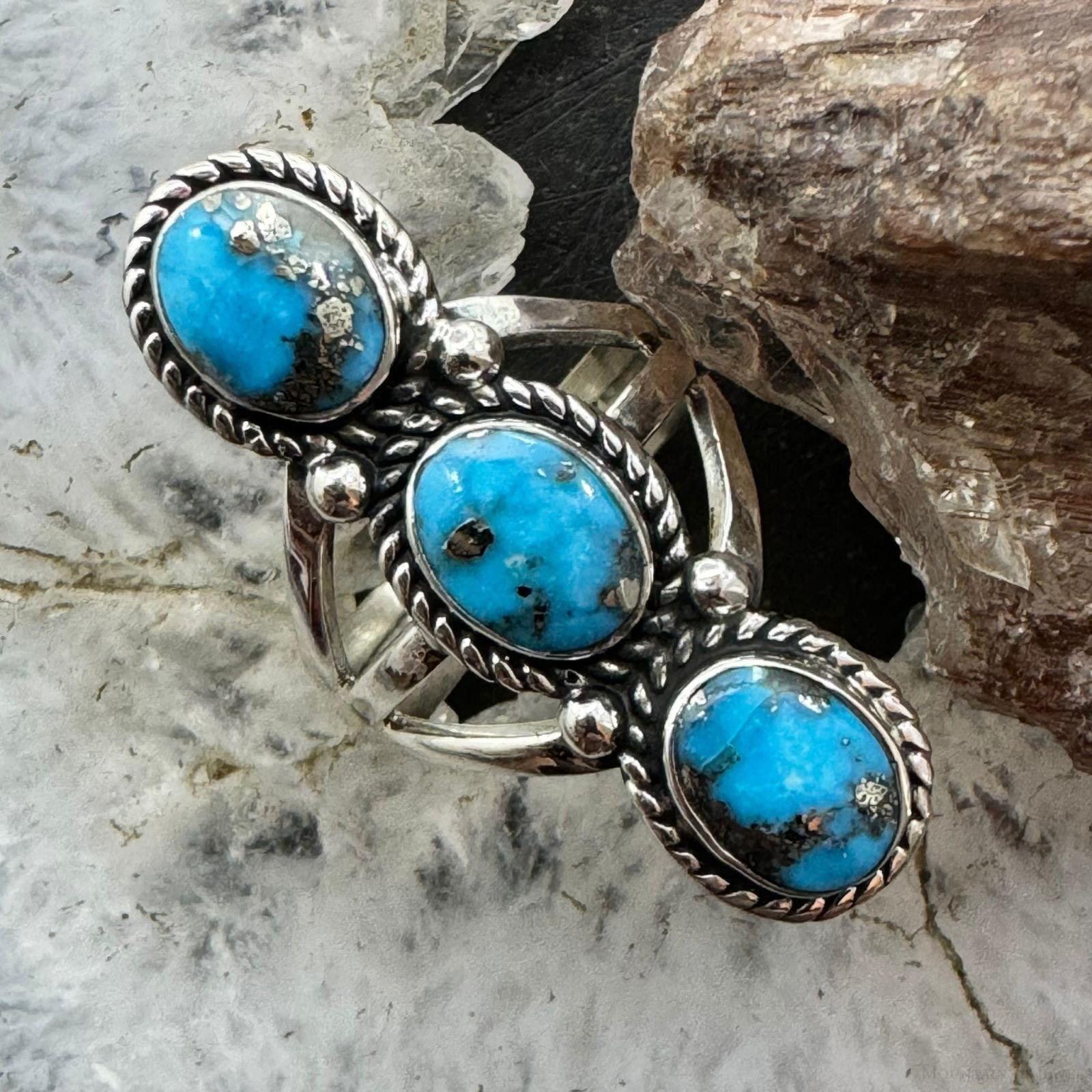 Ladies Native Rings Native American Sterling Silver 3 Oval Matrixed Turquoise Ring Sz 6.75 ...