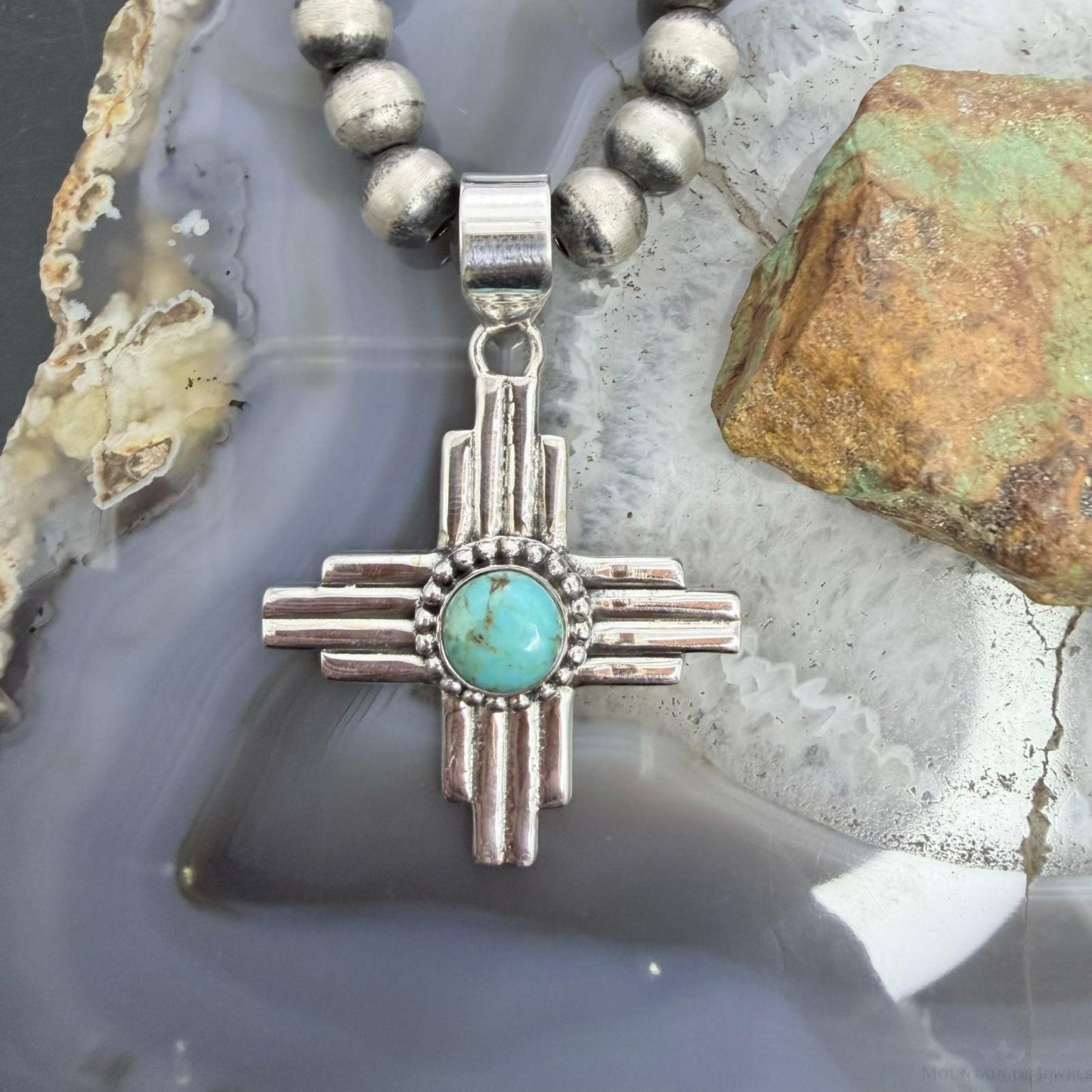 Sterling Silver Southwestern Style Rounded Mohave Turquoise Unisex  Zia Pendant #1