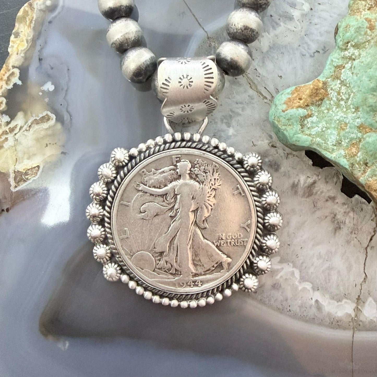 1944 Genuine 90% Silver US Walking Liberty Half Dollar Decorated Unisex Pendant