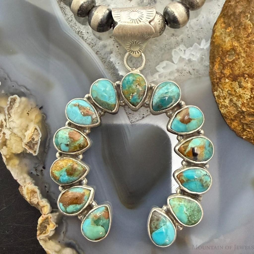 Sterling Silver Southwestern Style 13 Teardrop Turquoise Naja Pendant For Women