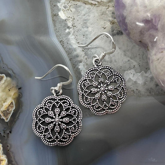 Sterling Silver Lattice Floral Design Dangle Earrings For Women